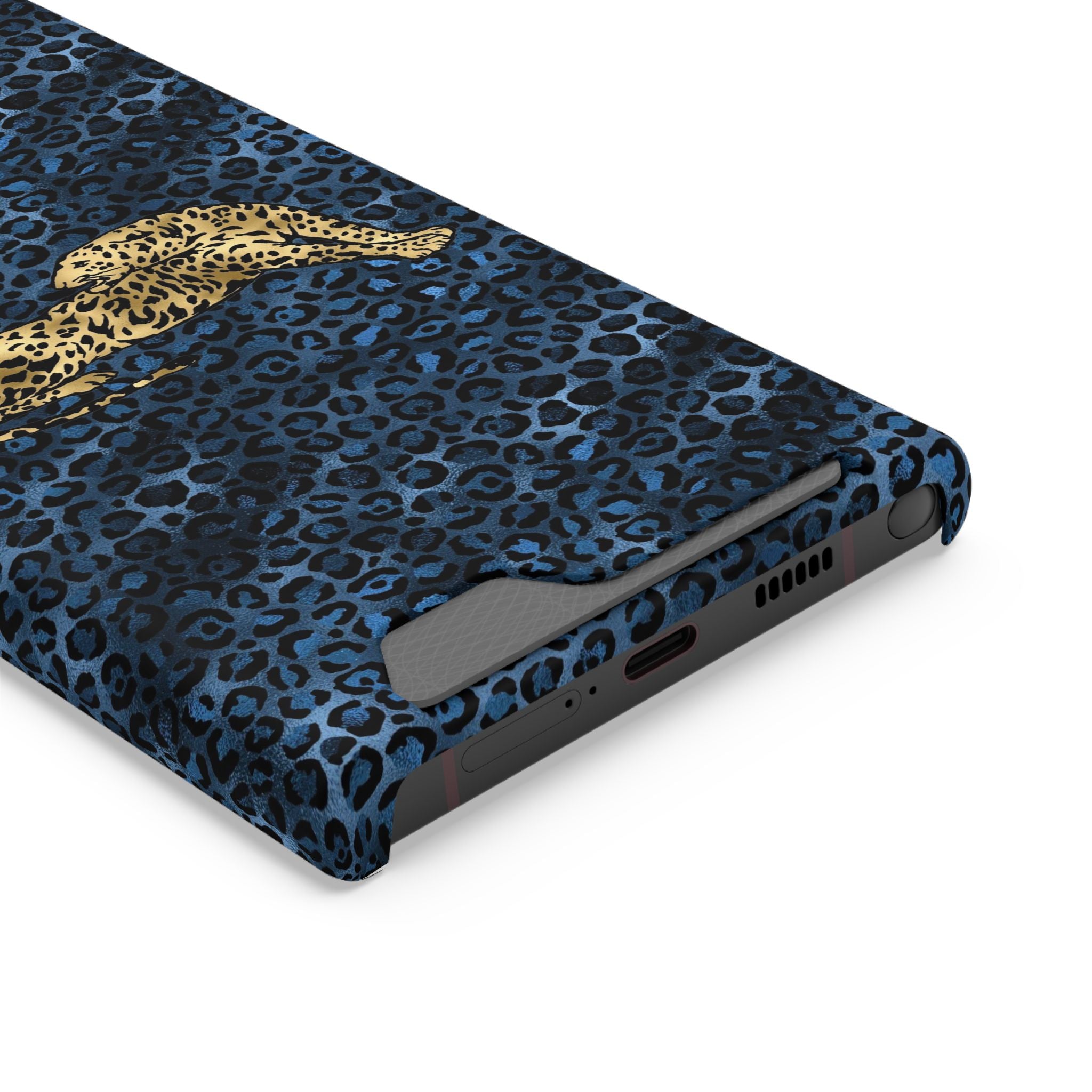 Blue Leopard Phone Case with Card Holder — Gold Cheetah Accent Printify