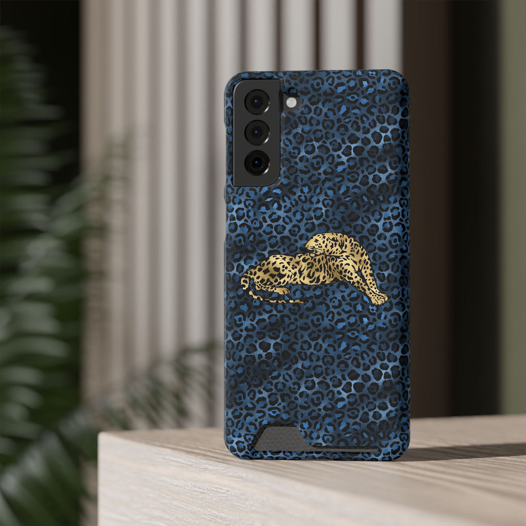 Blue Leopard Phone Case with Card Holder — Gold Cheetah Accent Printify