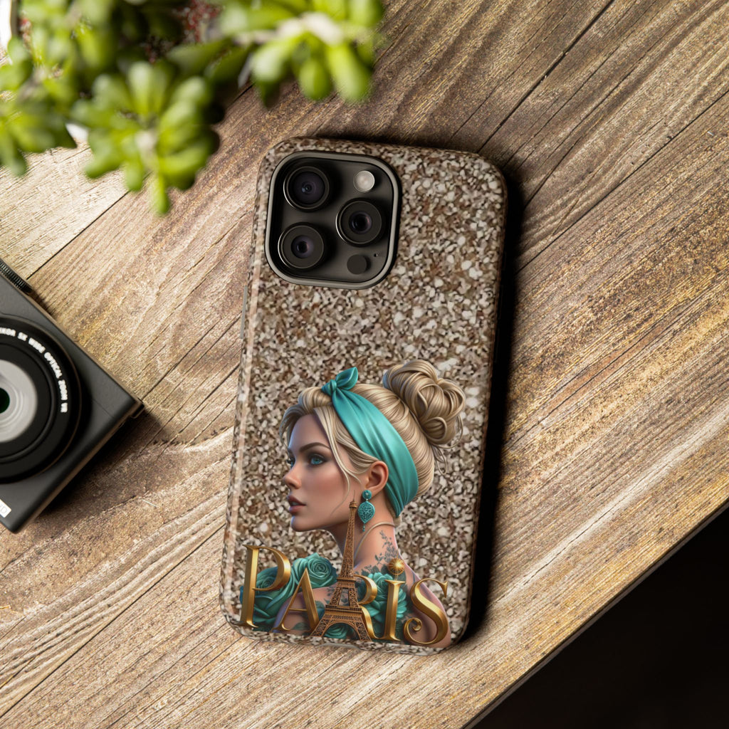 Parisian Glam Phone Case — Retro Pin-Up Girl with Teal Headscarf on Glitter Background Printify