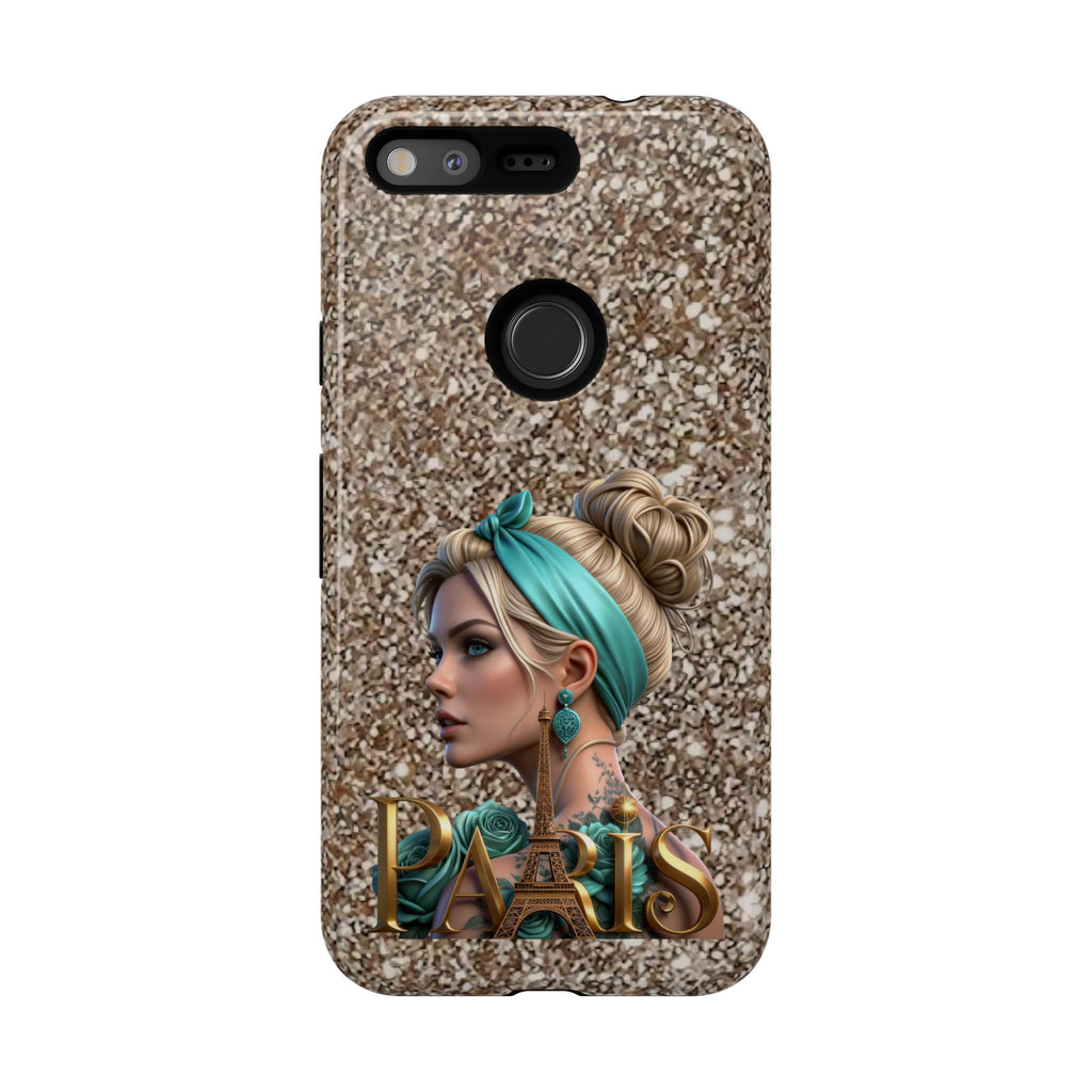 Parisian Glam Phone Case — Retro Pin-Up Girl with Teal Headscarf on Glitter Background Printify