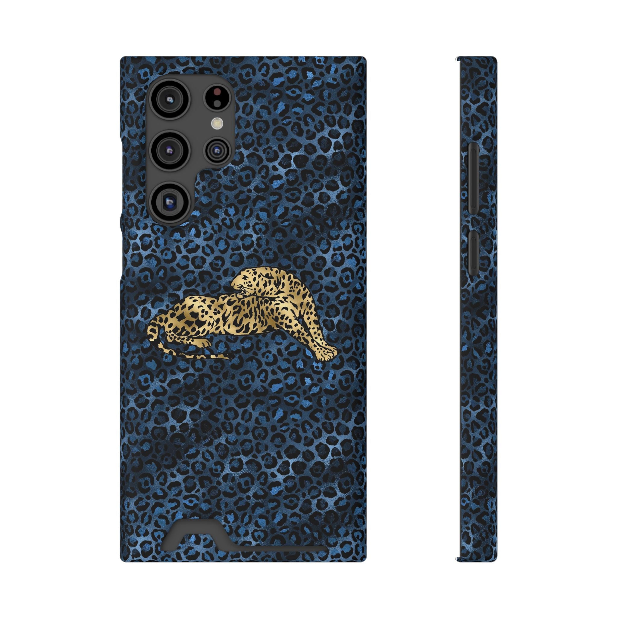Blue Leopard Phone Case with Card Holder — Gold Cheetah Accent Printify