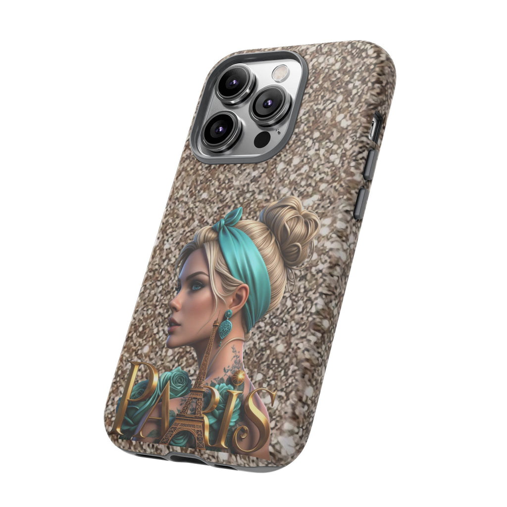 Parisian Glam Phone Case — Retro Pin-Up Girl with Teal Headscarf on Glitter Background Printify