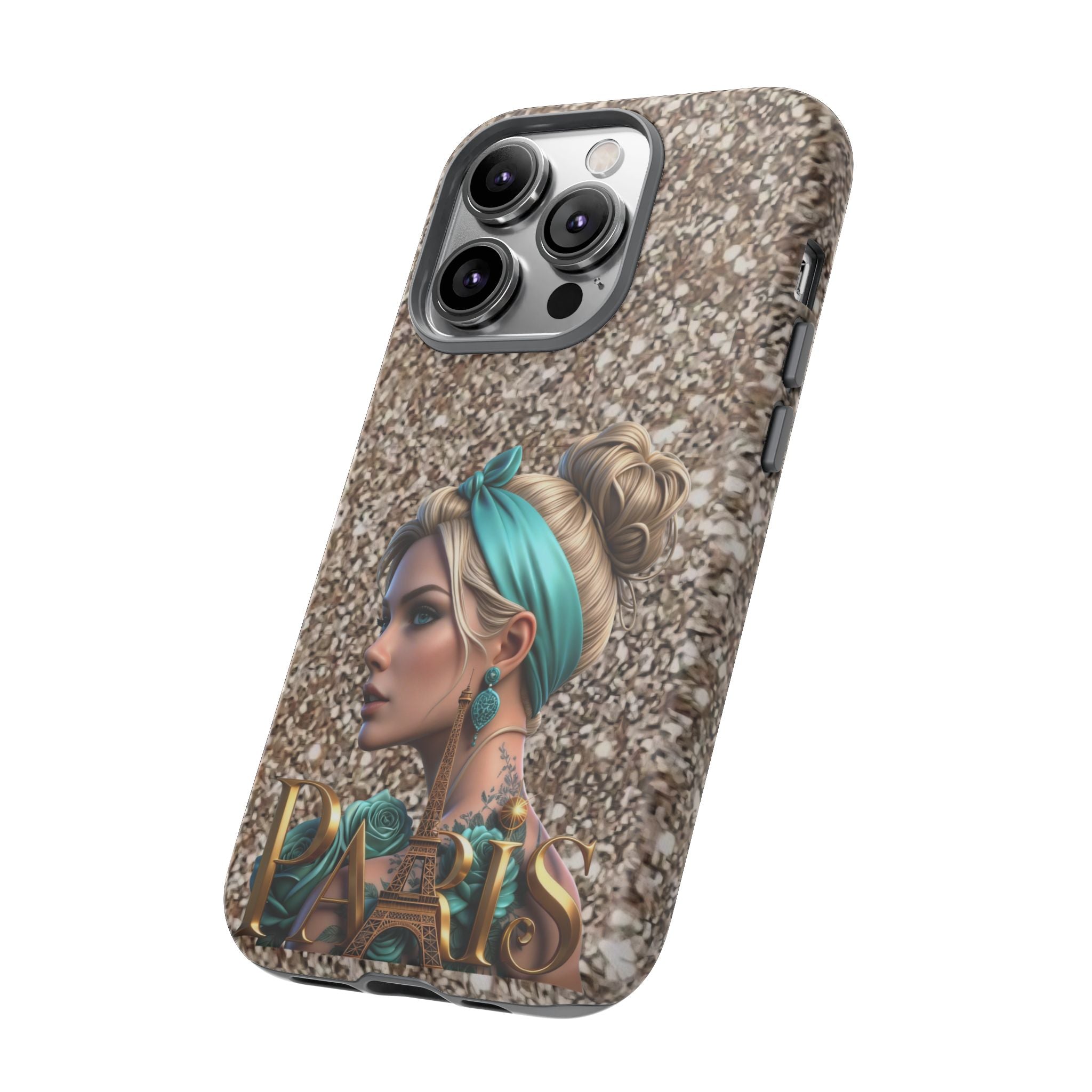 Parisian Glam Phone Case — Retro Pin-Up Girl with Teal Headscarf on Glitter Background Printify