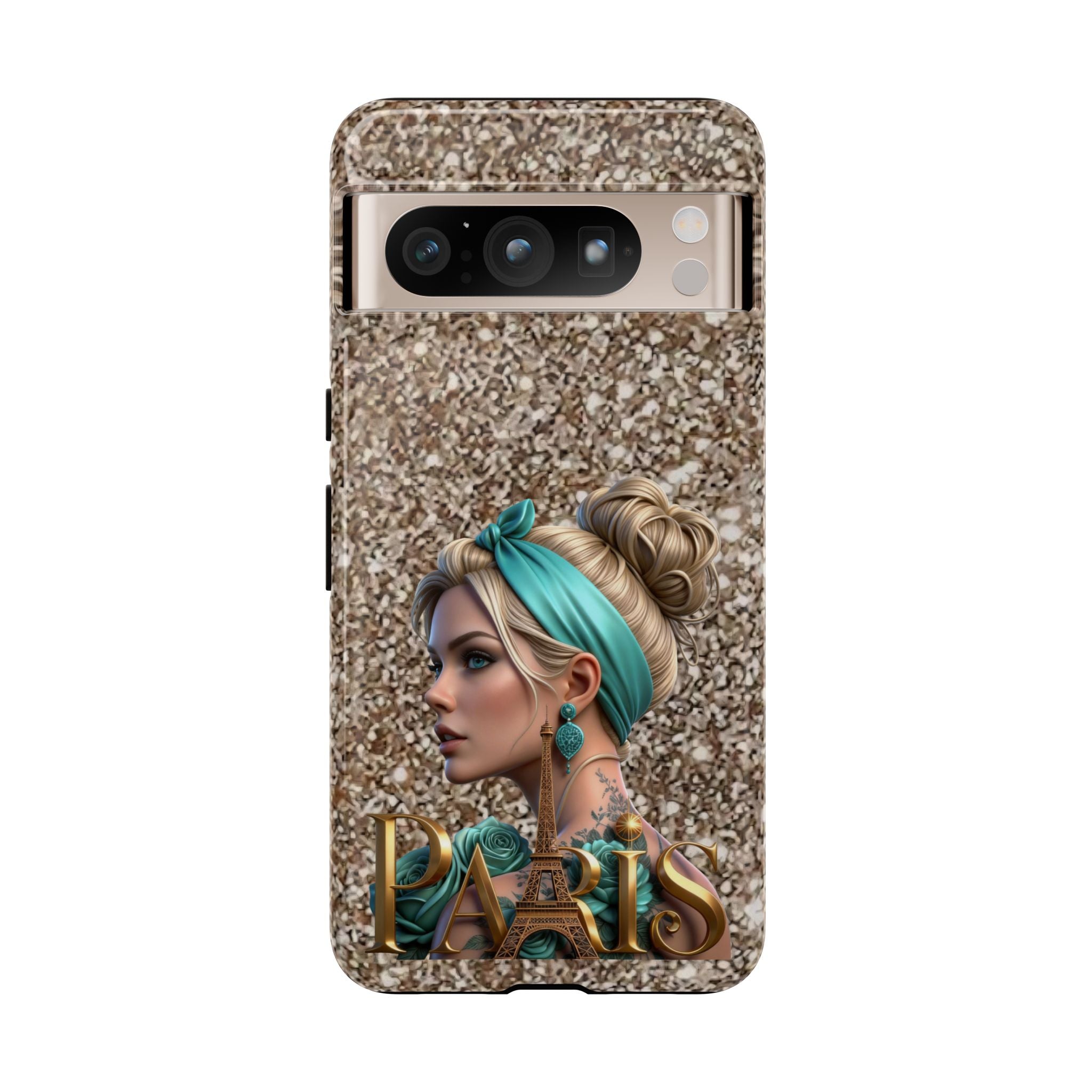 Parisian Glam Phone Case — Retro Pin-Up Girl with Teal Headscarf on Glitter Background Printify