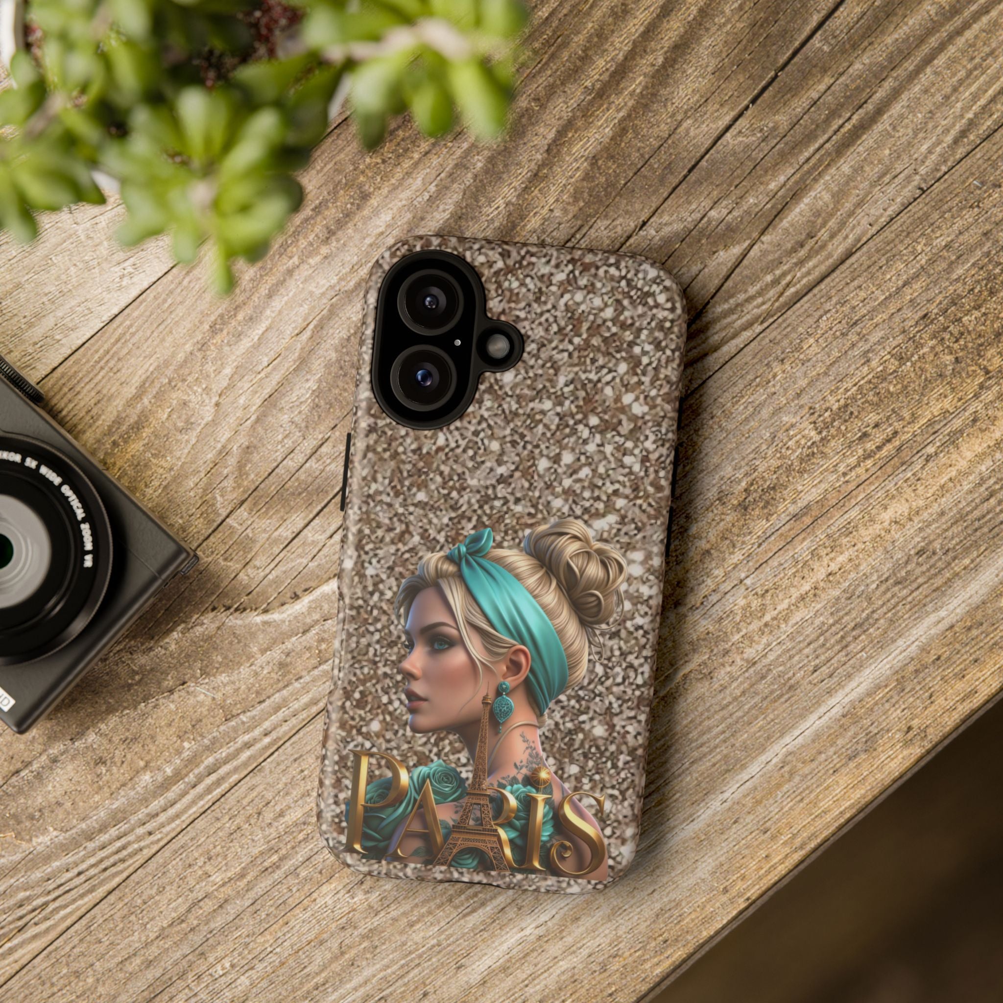 Parisian Glam Phone Case — Retro Pin-Up Girl with Teal Headscarf on Glitter Background Printify