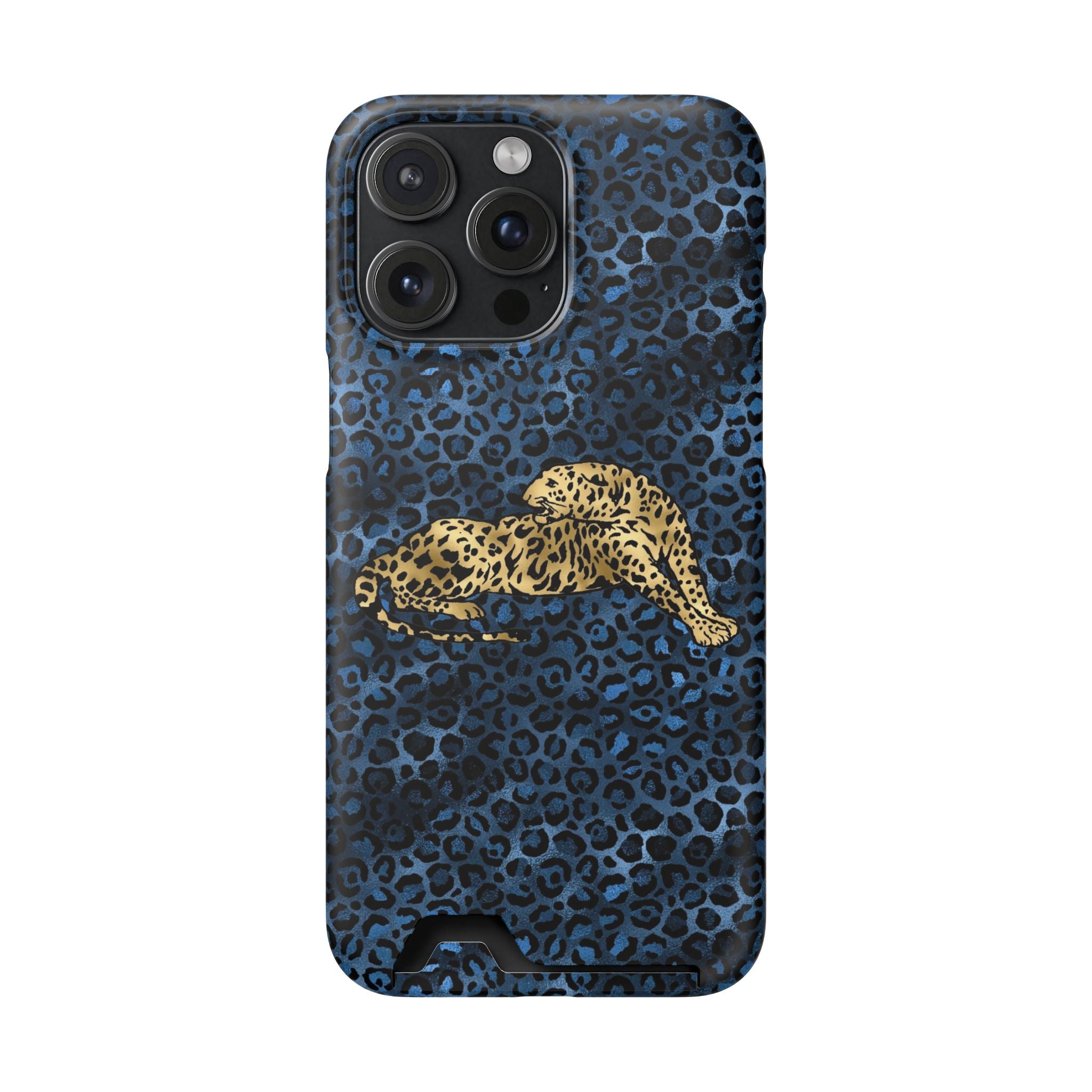 Blue Leopard Phone Case with Card Holder — Gold Cheetah Accent Printify