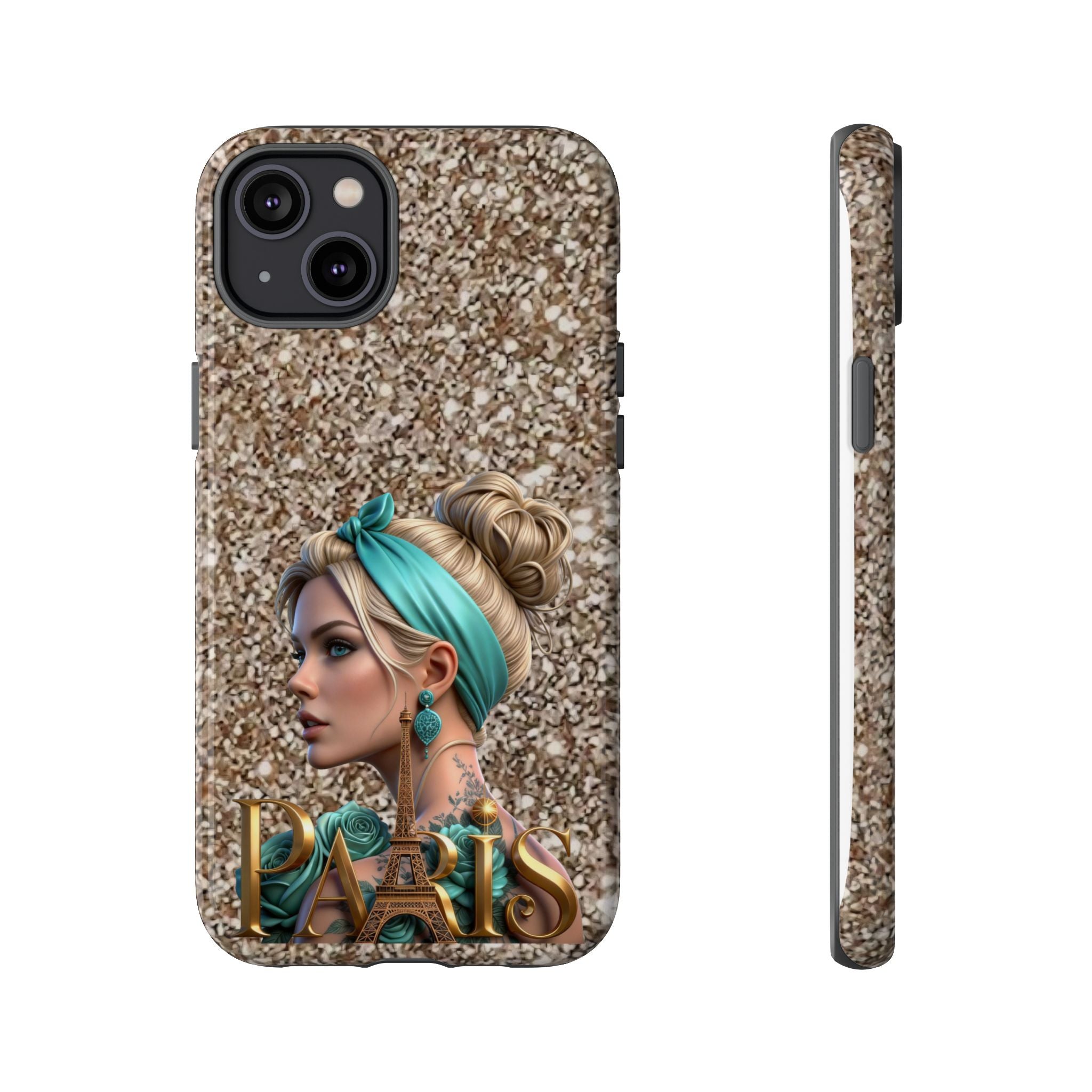 Parisian Glam Phone Case — Retro Pin-Up Girl with Teal Headscarf on Glitter Background Printify