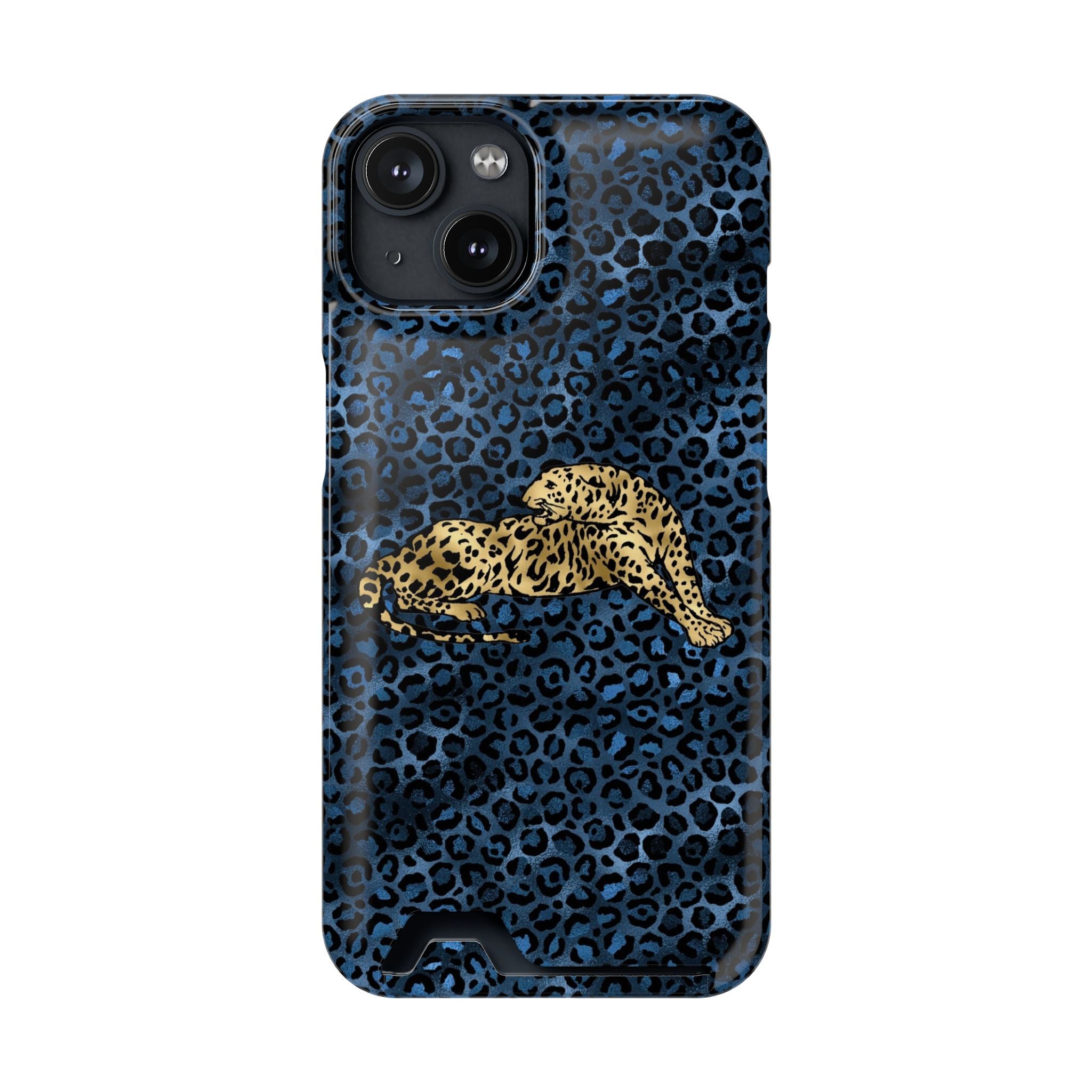 Blue Leopard Phone Case with Card Holder — Gold Cheetah Accent Printify