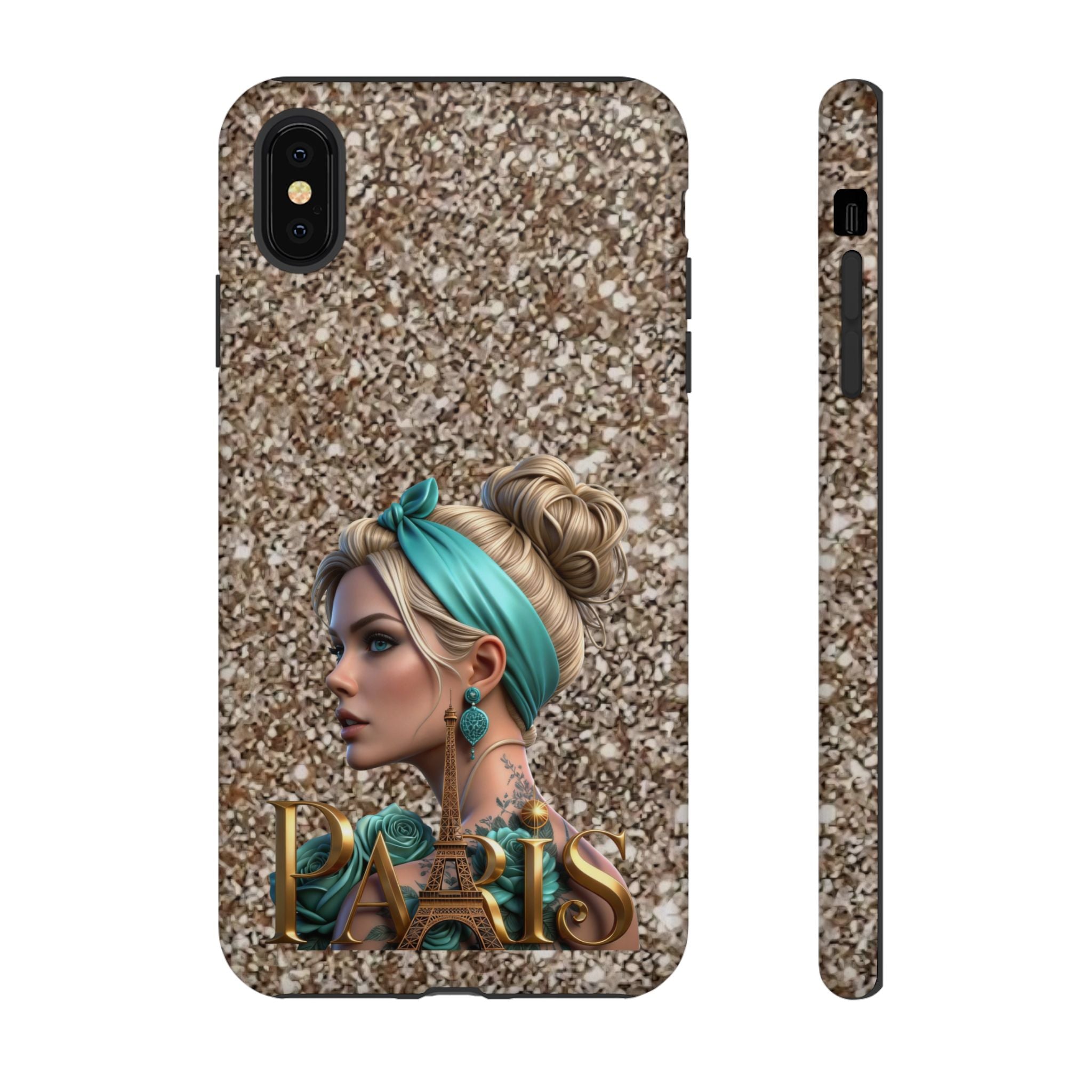 Parisian Glam Phone Case — Retro Pin-Up Girl with Teal Headscarf on Glitter Background Printify
