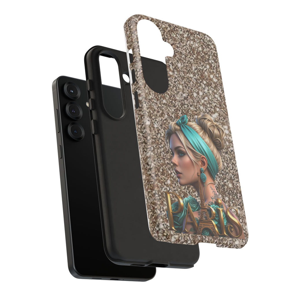 Parisian Glam Phone Case — Retro Pin-Up Girl with Teal Headscarf on Glitter Background Printify