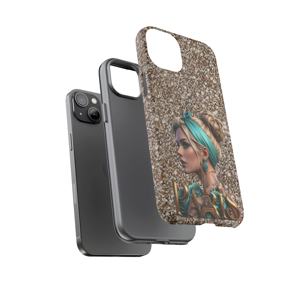 Parisian Glam Phone Case — Retro Pin-Up Girl with Teal Headscarf on Glitter Background Printify