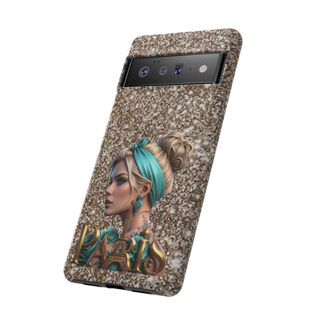 Parisian Glam Phone Case — Retro Pin-Up Girl with Teal Headscarf on Glitter Background Printify