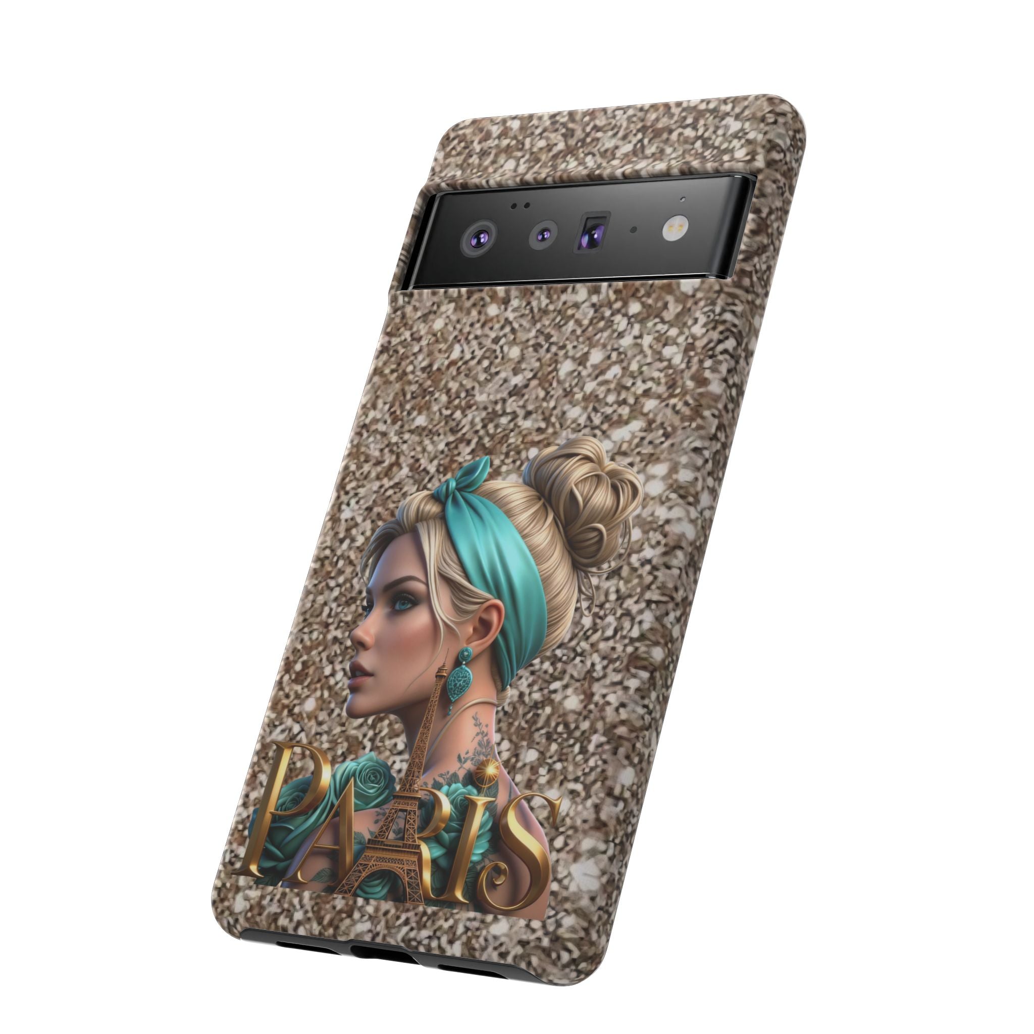 Parisian Glam Phone Case — Retro Pin-Up Girl with Teal Headscarf on Glitter Background Printify