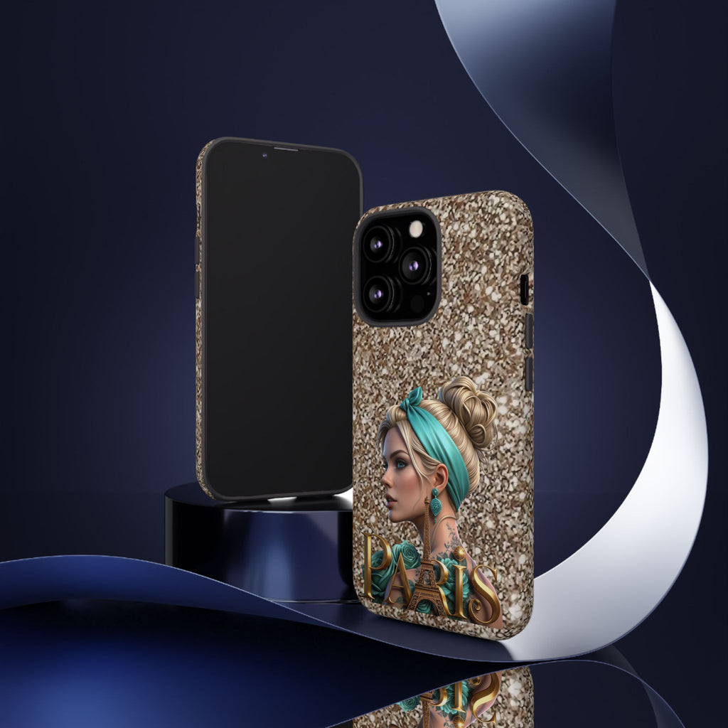 Parisian Glam Phone Case — Retro Pin-Up Girl with Teal Headscarf on Glitter Background Printify