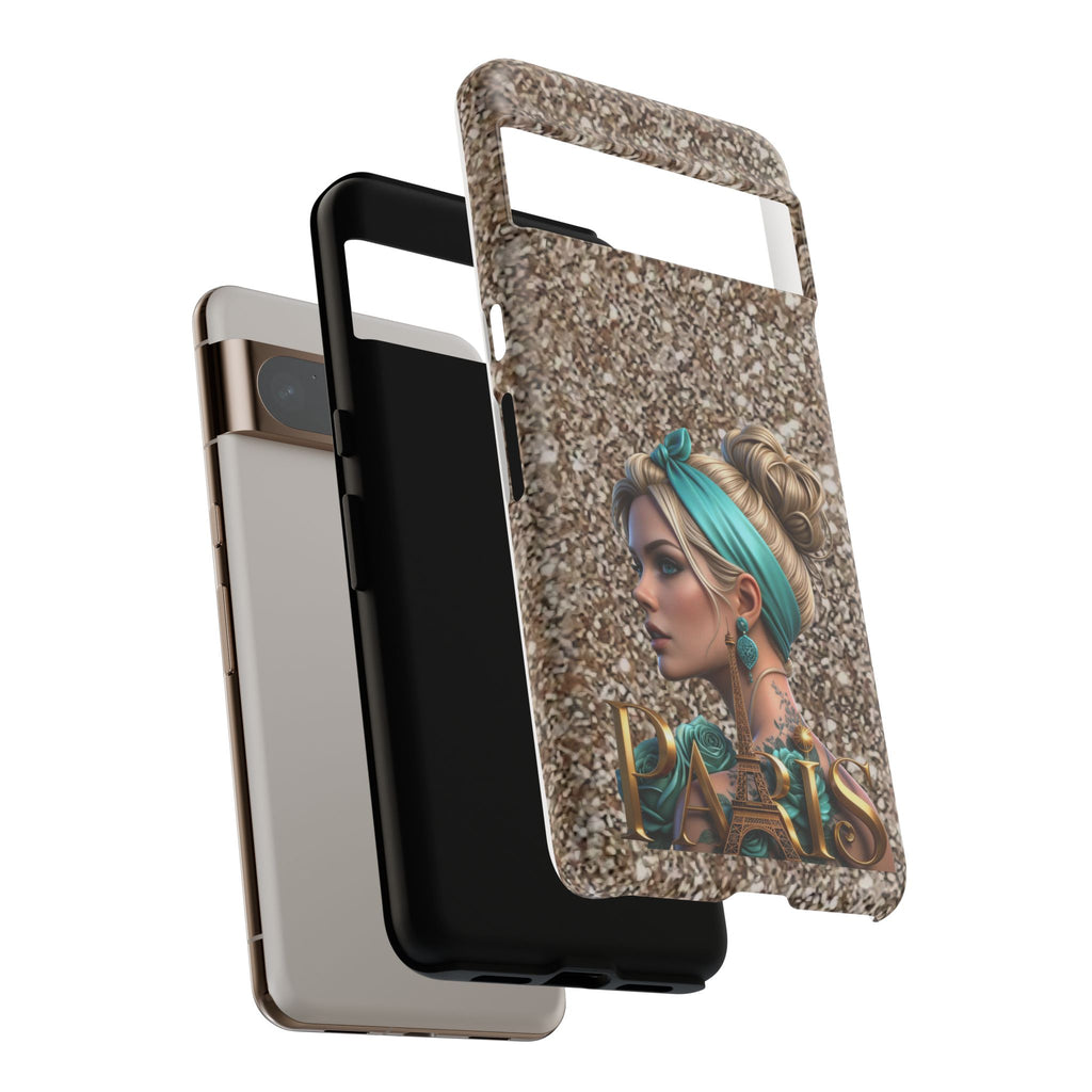 Parisian Glam Phone Case — Retro Pin-Up Girl with Teal Headscarf on Glitter Background Printify