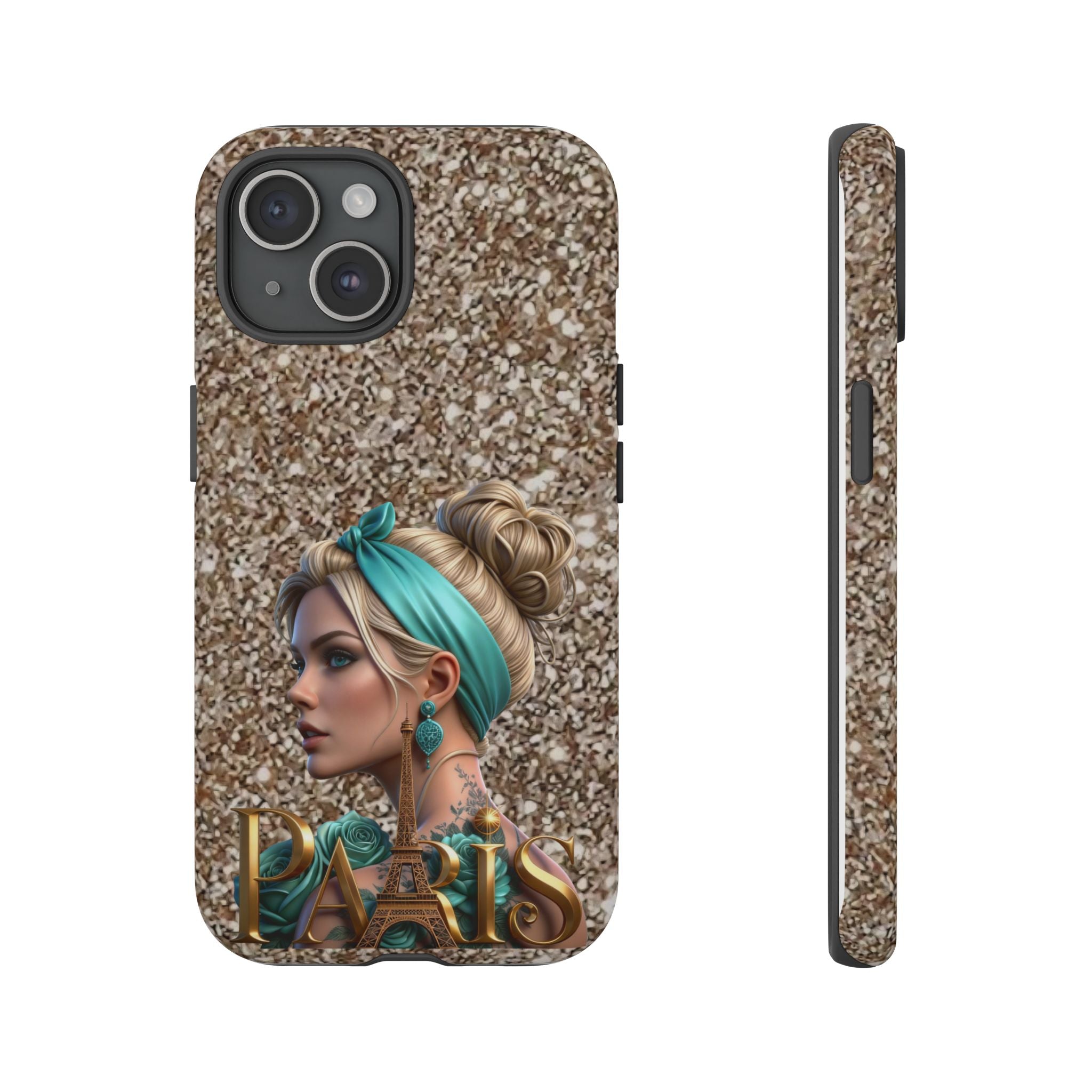 Parisian Glam Phone Case — Retro Pin-Up Girl with Teal Headscarf on Glitter Background Printify