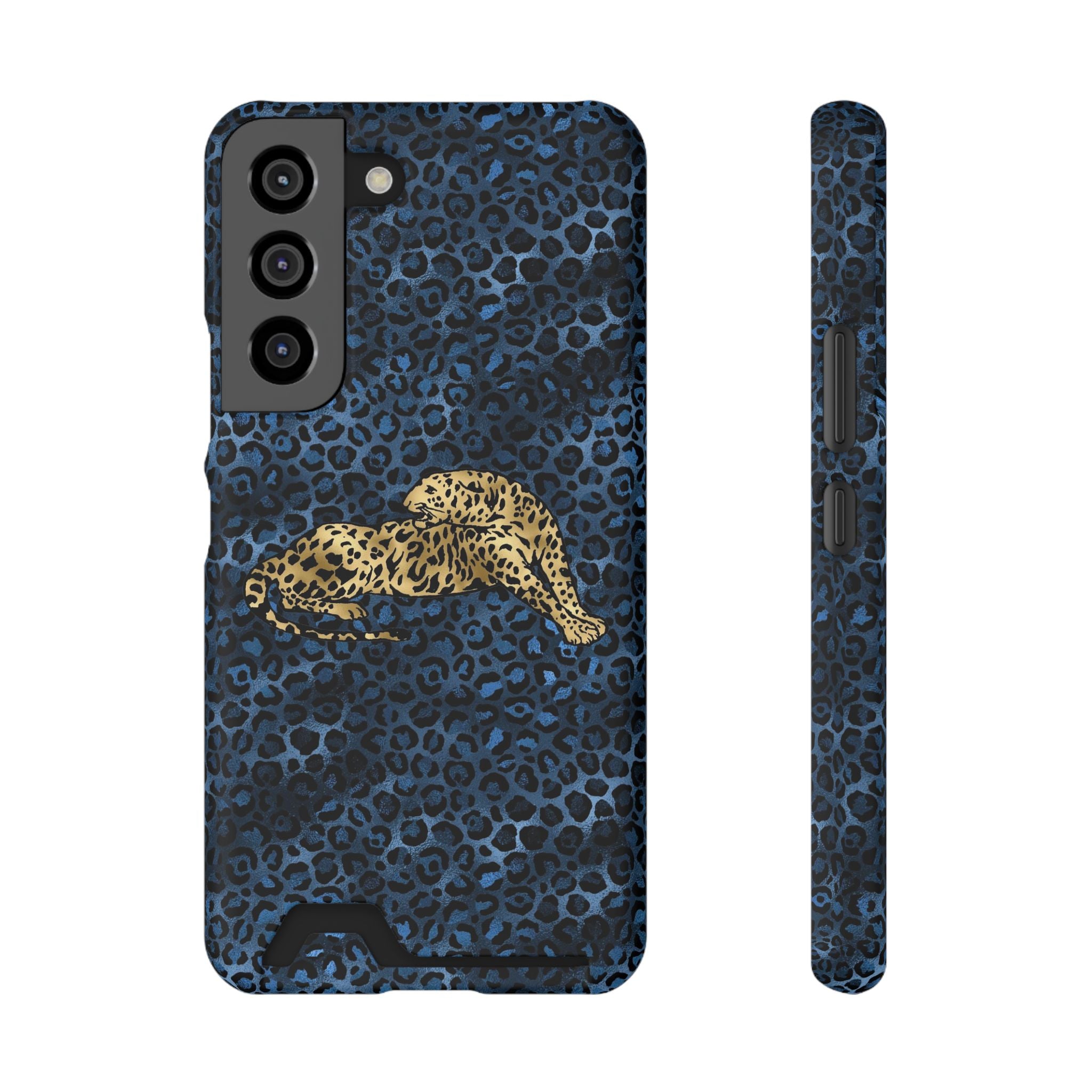 Blue Leopard Phone Case with Card Holder — Gold Cheetah Accent Printify