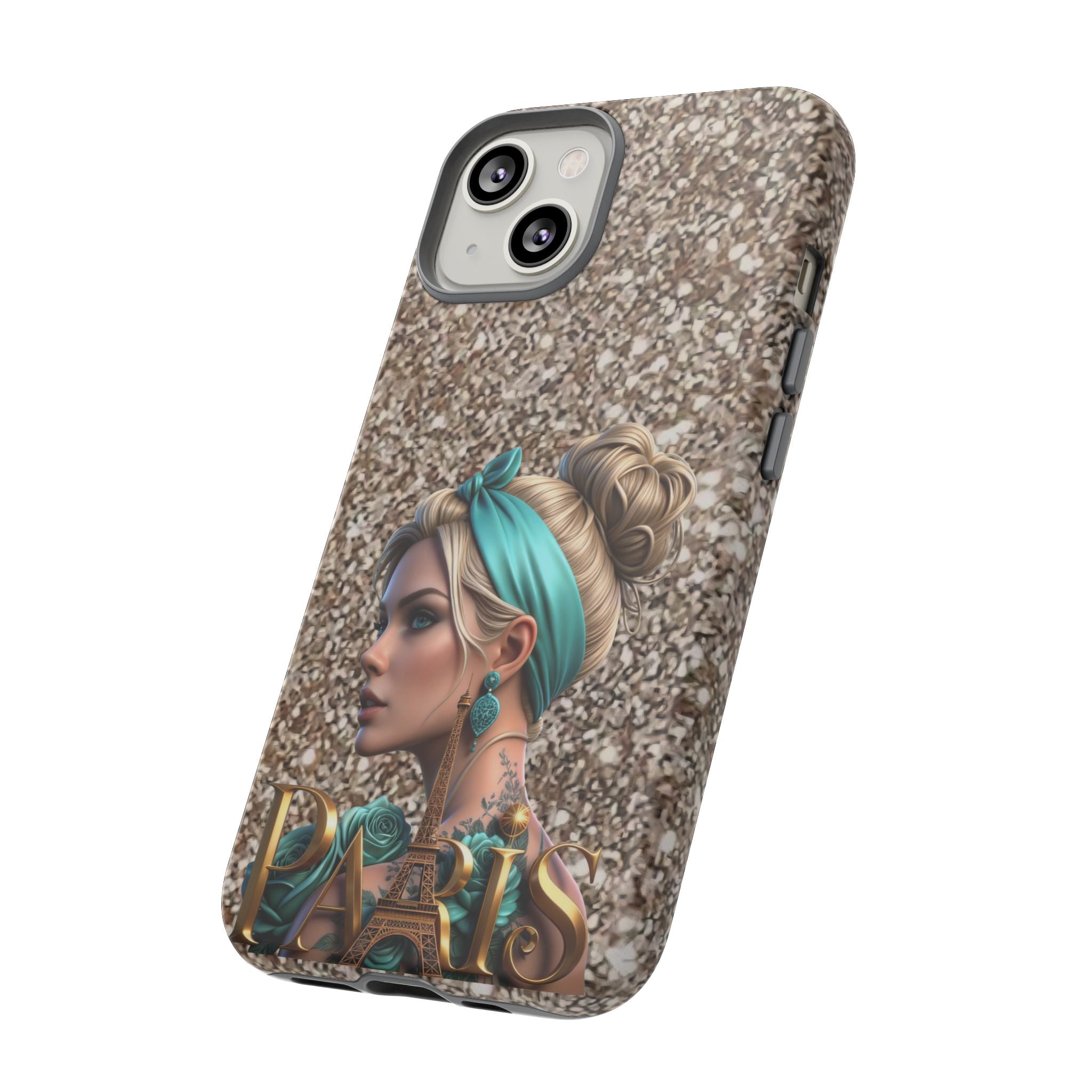 Parisian Glam Phone Case — Retro Pin-Up Girl with Teal Headscarf on Glitter Background Printify