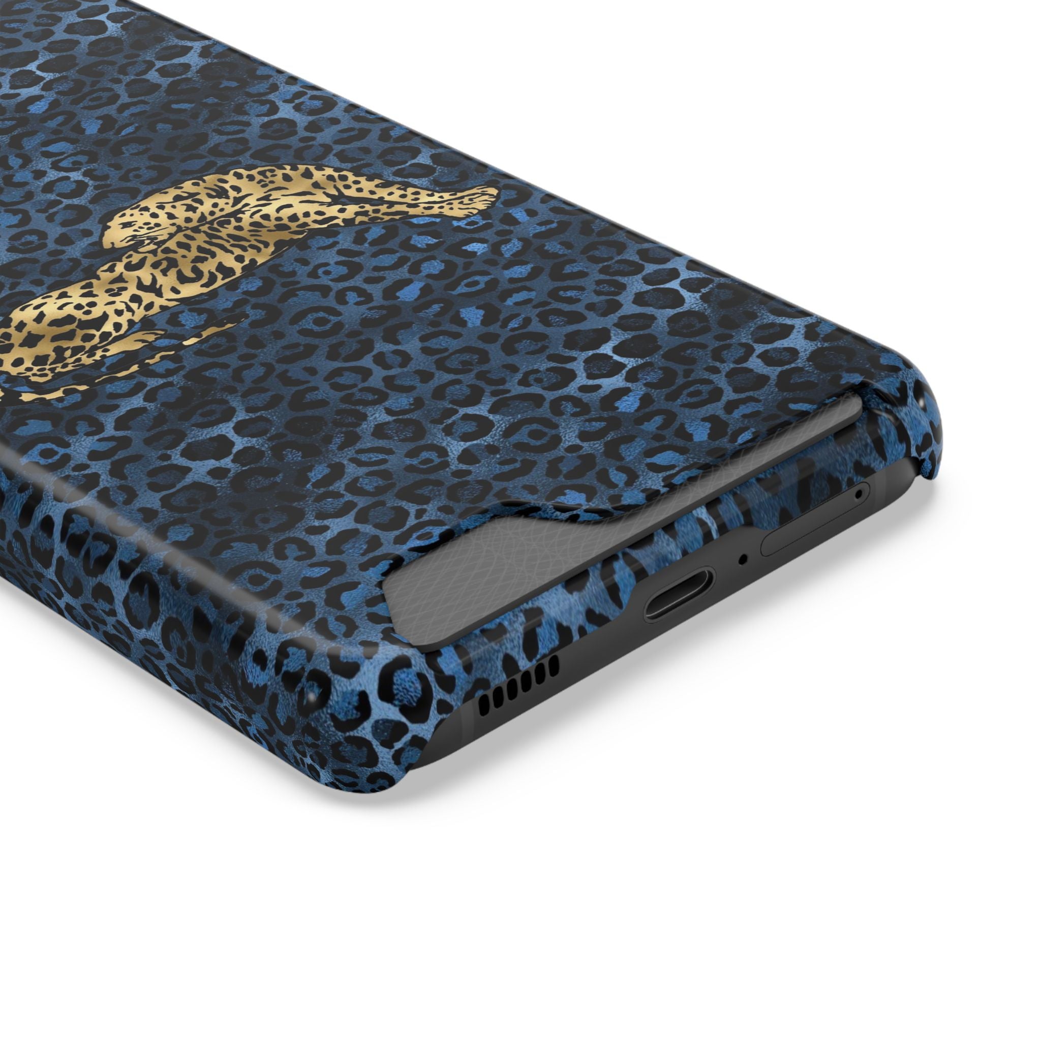 Blue Leopard Phone Case with Card Holder — Gold Cheetah Accent Printify