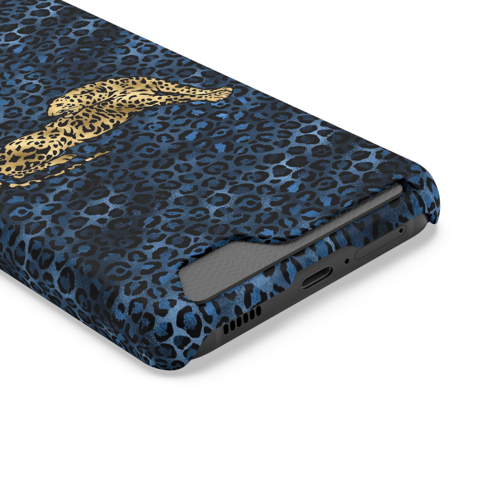 Blue Leopard Phone Case with Card Holder — Gold Cheetah Accent Printify