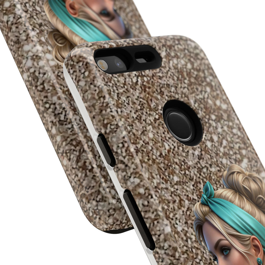 Parisian Glam Phone Case — Retro Pin-Up Girl with Teal Headscarf on Glitter Background Printify