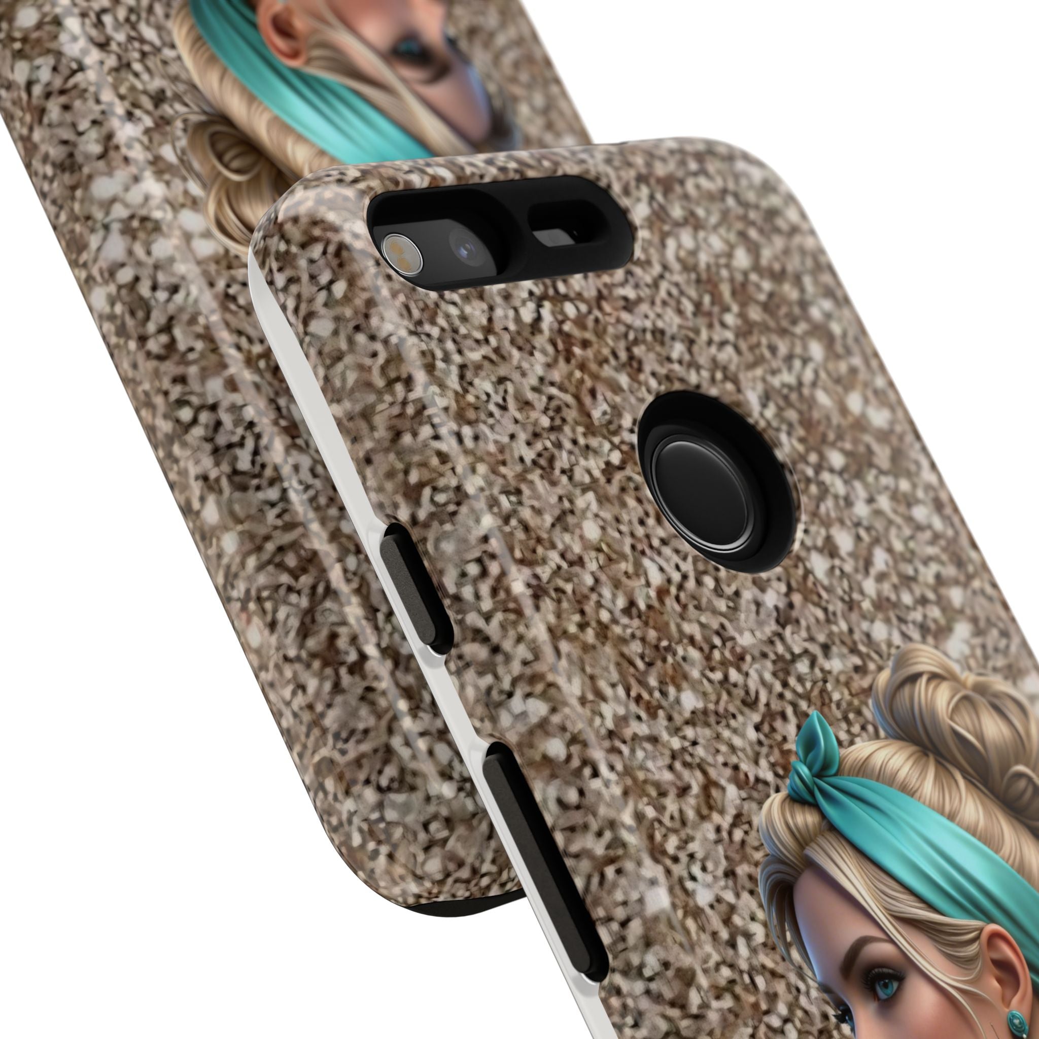 Parisian Glam Phone Case — Retro Pin-Up Girl with Teal Headscarf on Glitter Background Printify