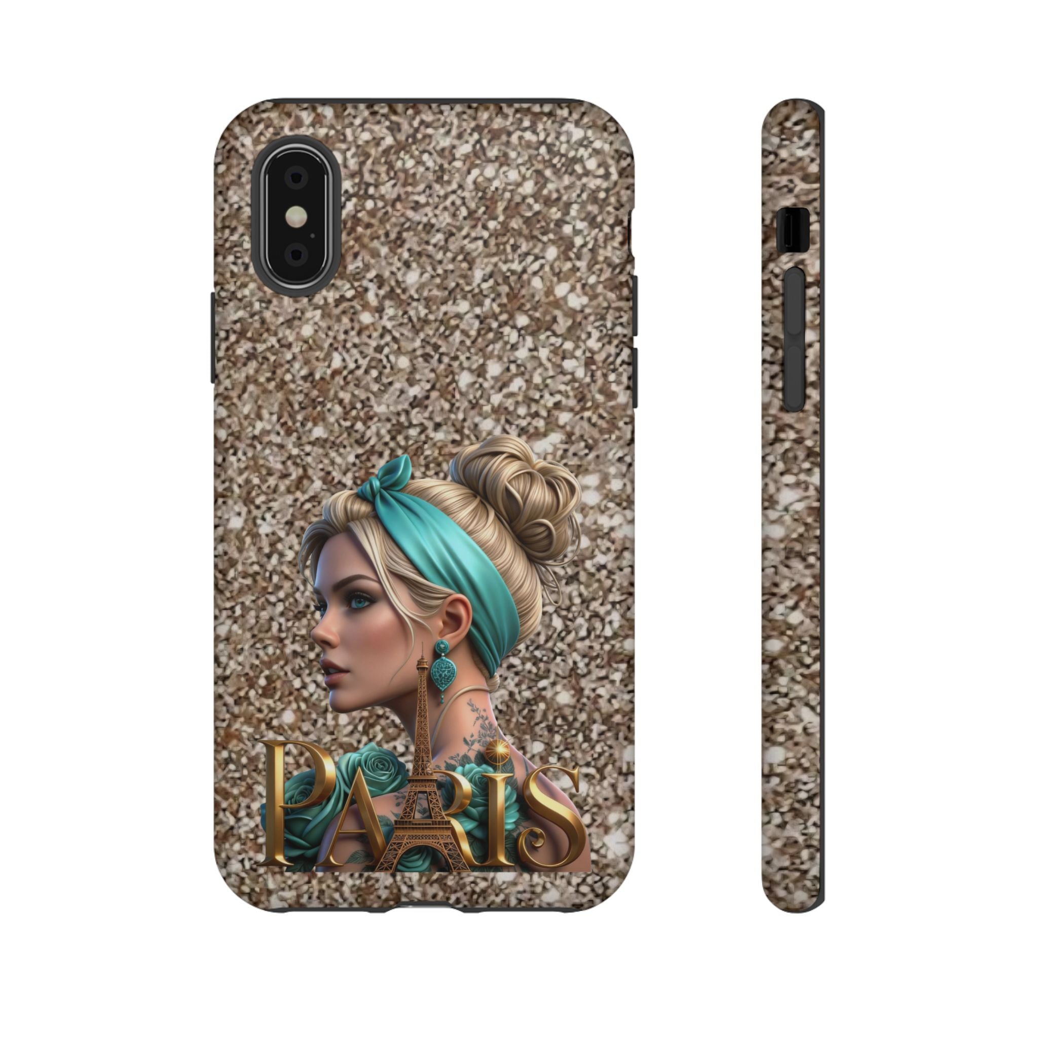 Parisian Glam Phone Case — Retro Pin-Up Girl with Teal Headscarf on Glitter Background Printify