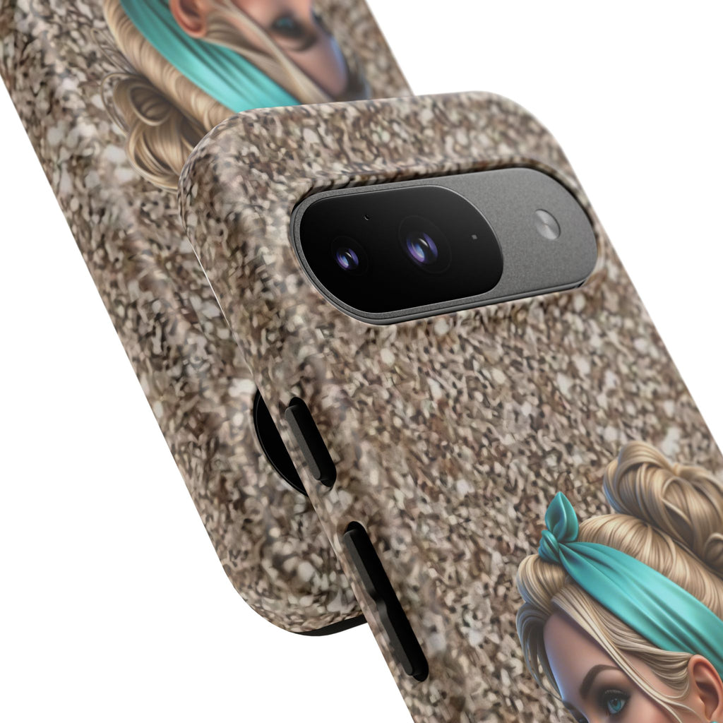 Parisian Glam Phone Case — Retro Pin-Up Girl with Teal Headscarf on Glitter Background Printify