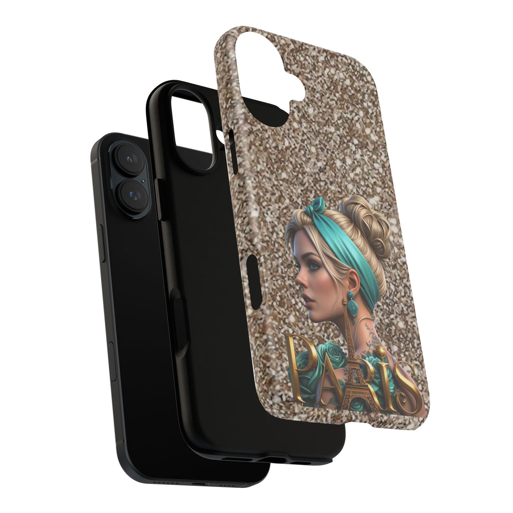 Parisian Glam Phone Case — Retro Pin-Up Girl with Teal Headscarf on Glitter Background Printify