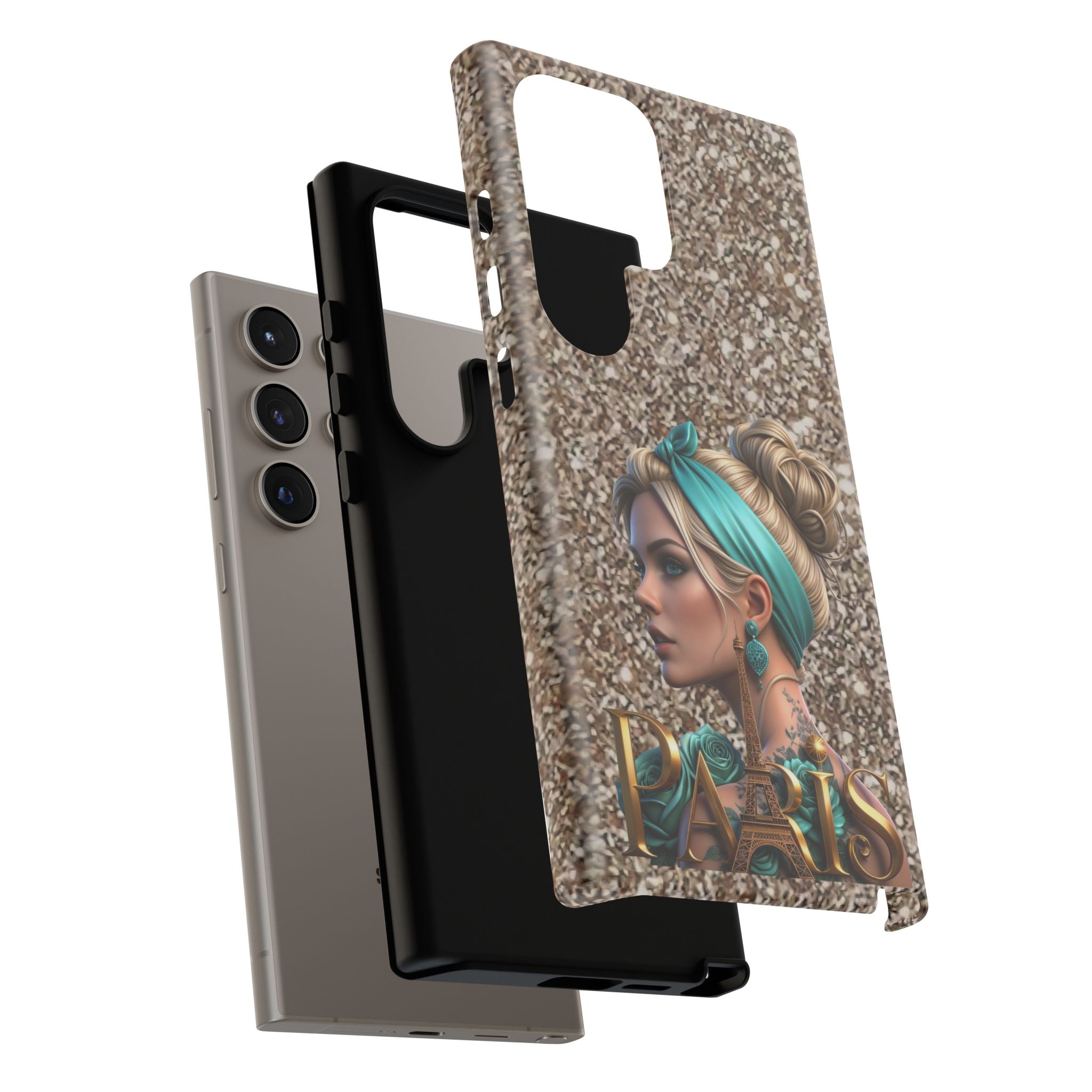 Parisian Glam Phone Case — Retro Pin-Up Girl with Teal Headscarf on Glitter Background Printify