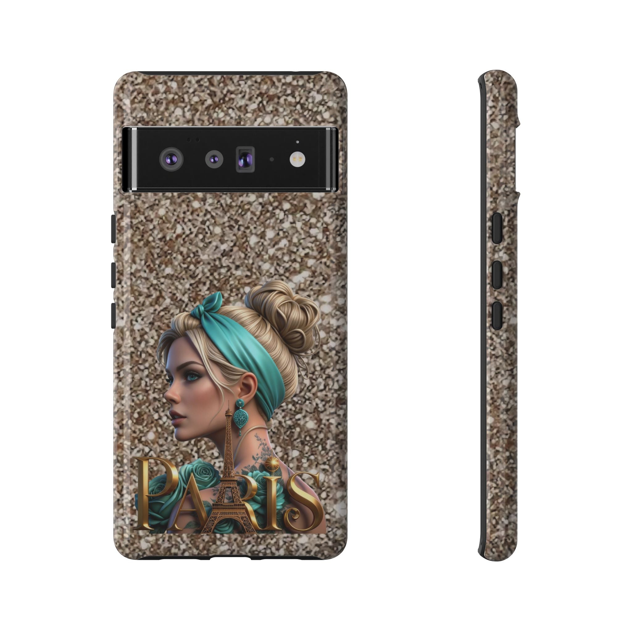 Parisian Glam Phone Case — Retro Pin-Up Girl with Teal Headscarf on Glitter Background Printify