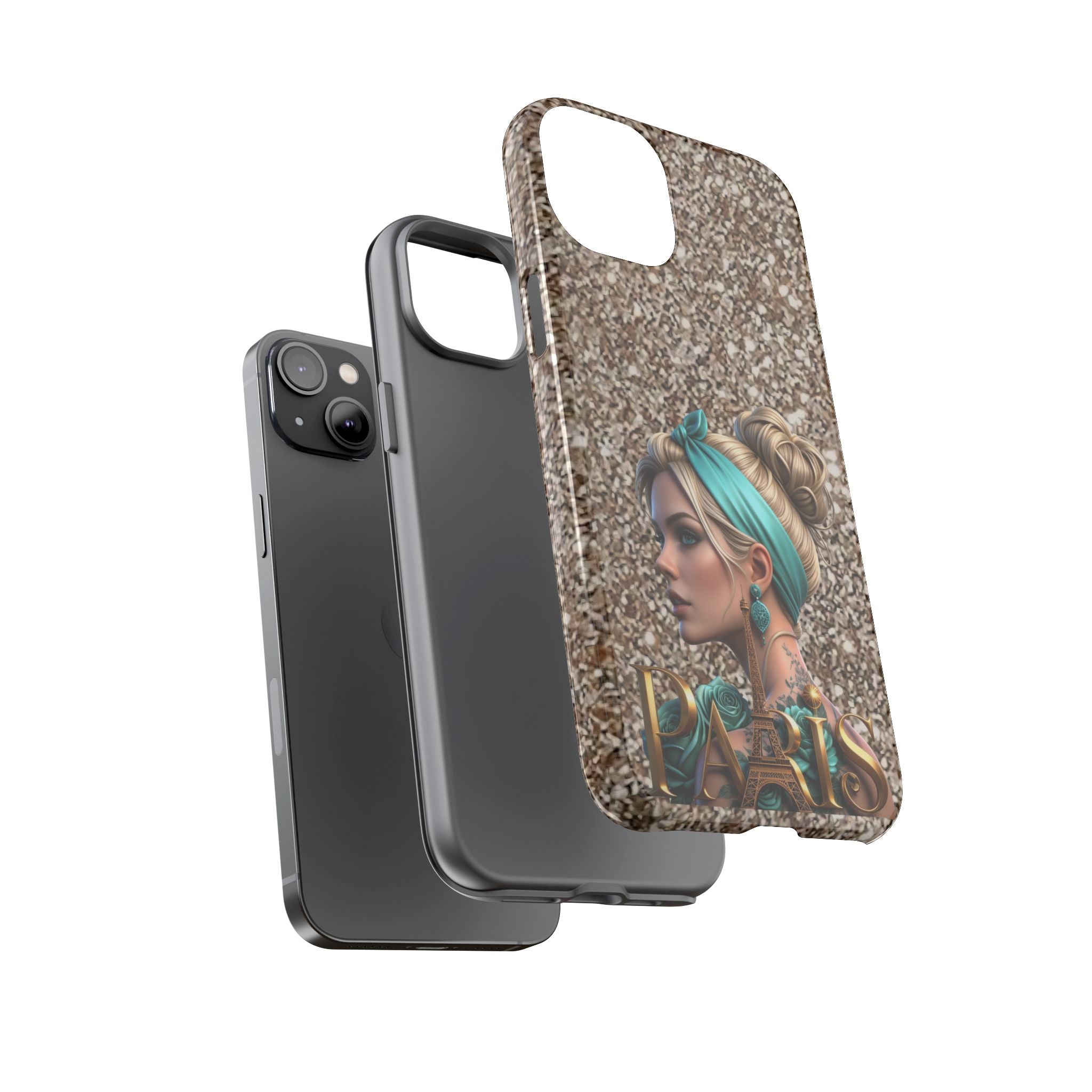 Parisian Glam Phone Case — Retro Pin-Up Girl with Teal Headscarf on Glitter Background Printify