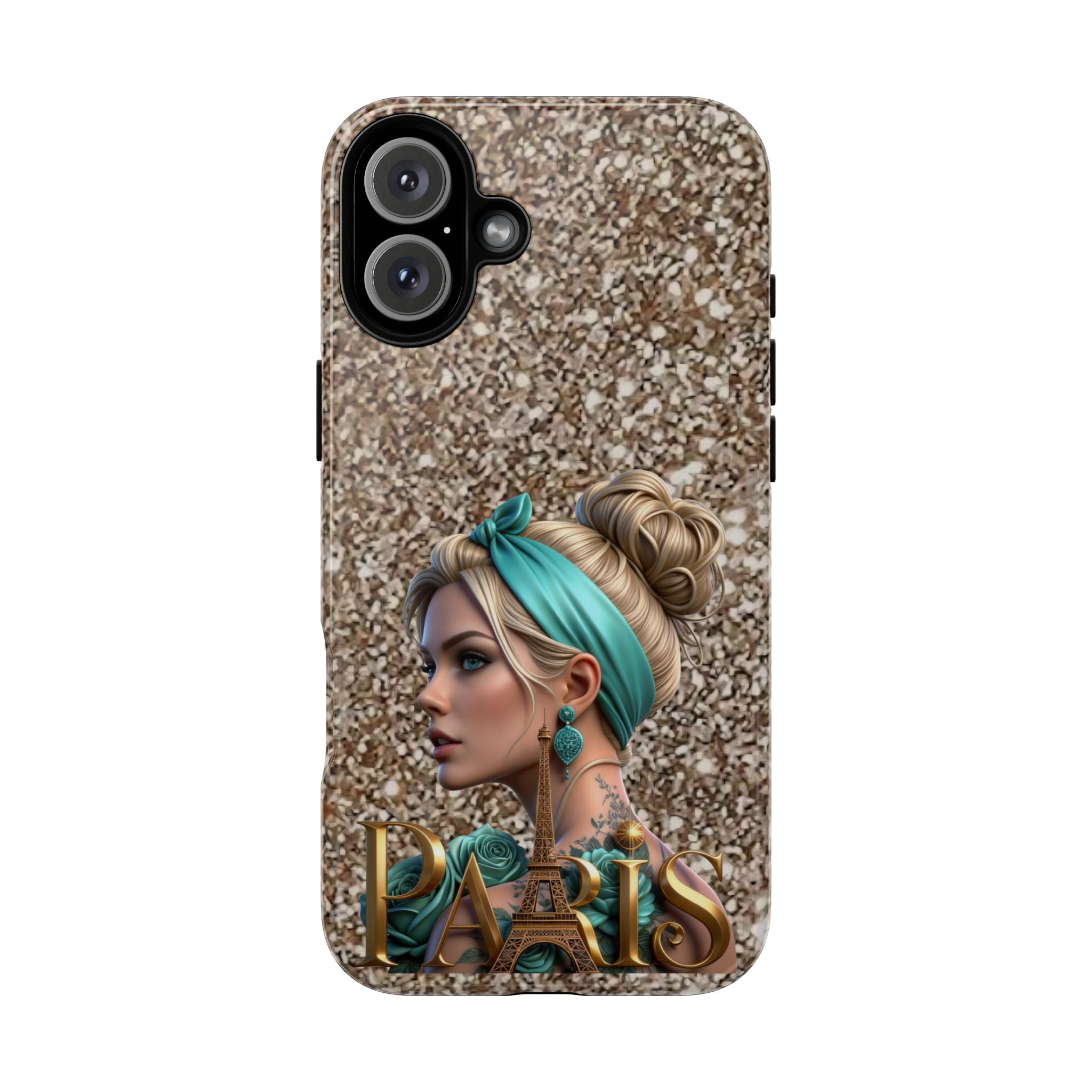 Parisian Glam Phone Case — Retro Pin-Up Girl with Teal Headscarf on Glitter Background Printify