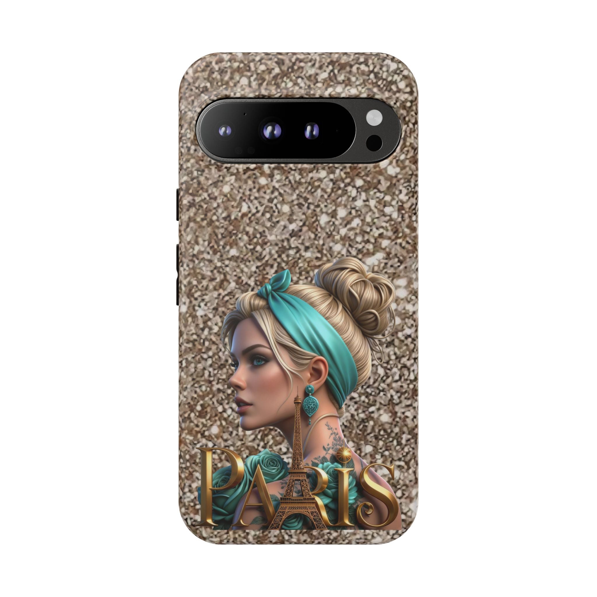 Parisian Glam Phone Case — Retro Pin-Up Girl with Teal Headscarf on Glitter Background Printify