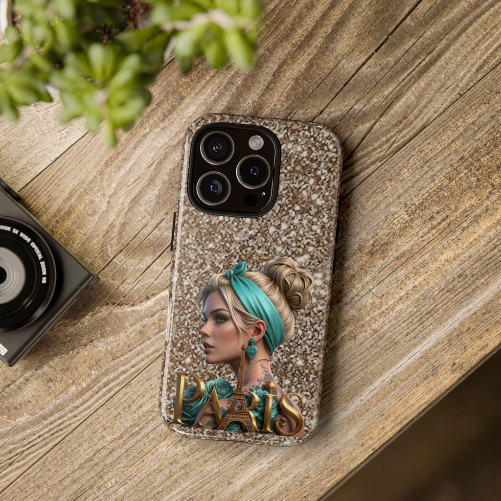 Parisian Glam Phone Case — Retro Pin-Up Girl with Teal Headscarf on Glitter Background Printify