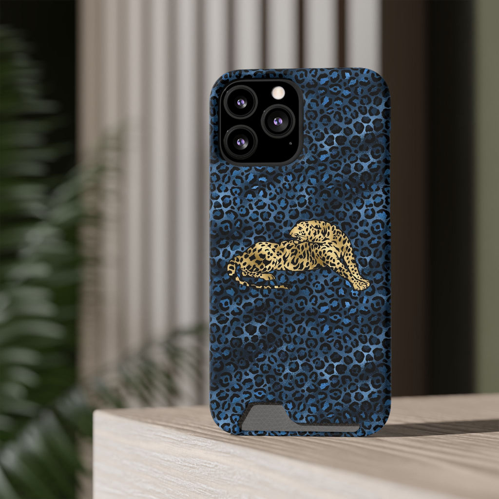 Blue Leopard Phone Case with Card Holder — Gold Cheetah Accent Printify