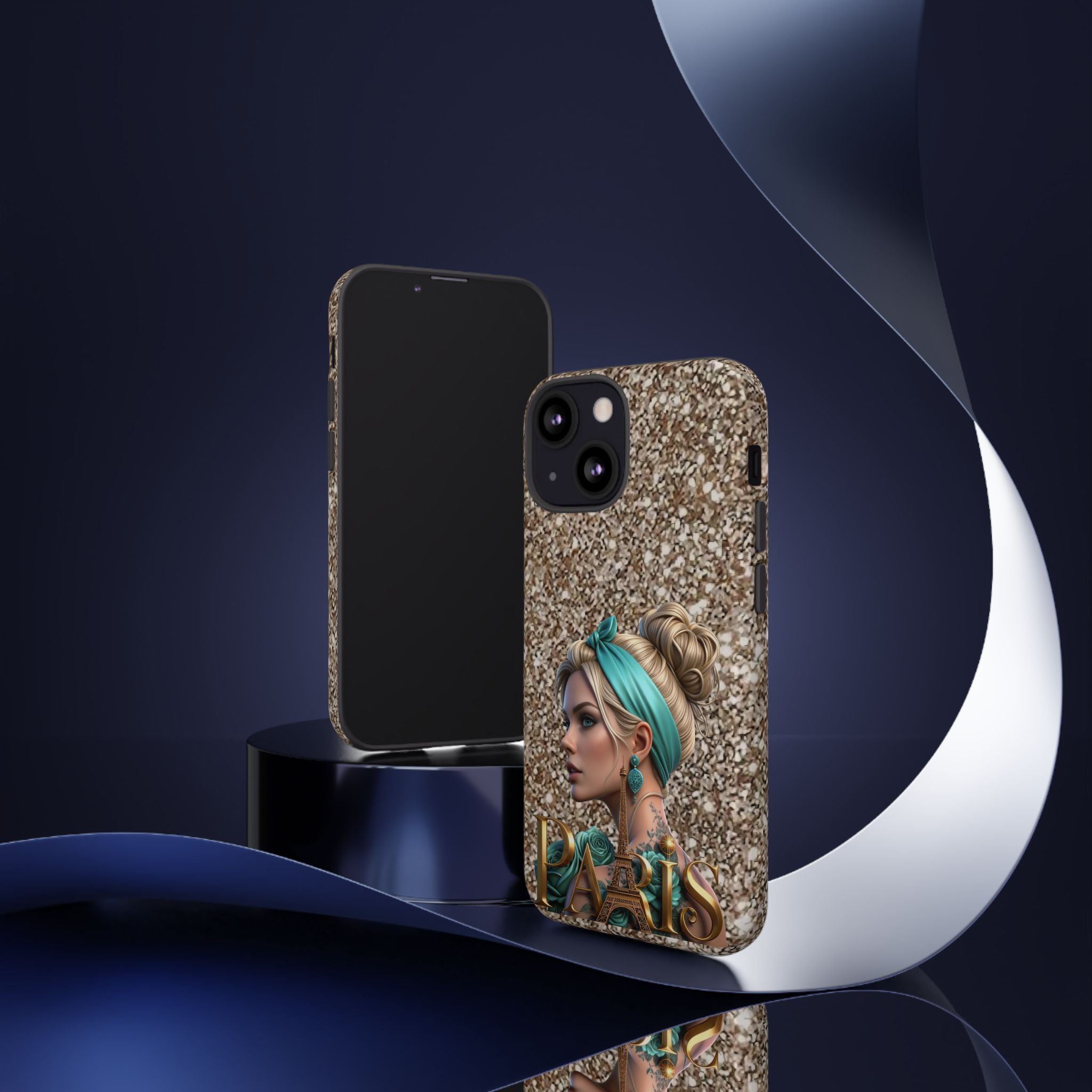 Parisian Glam Phone Case — Retro Pin-Up Girl with Teal Headscarf on Glitter Background Printify