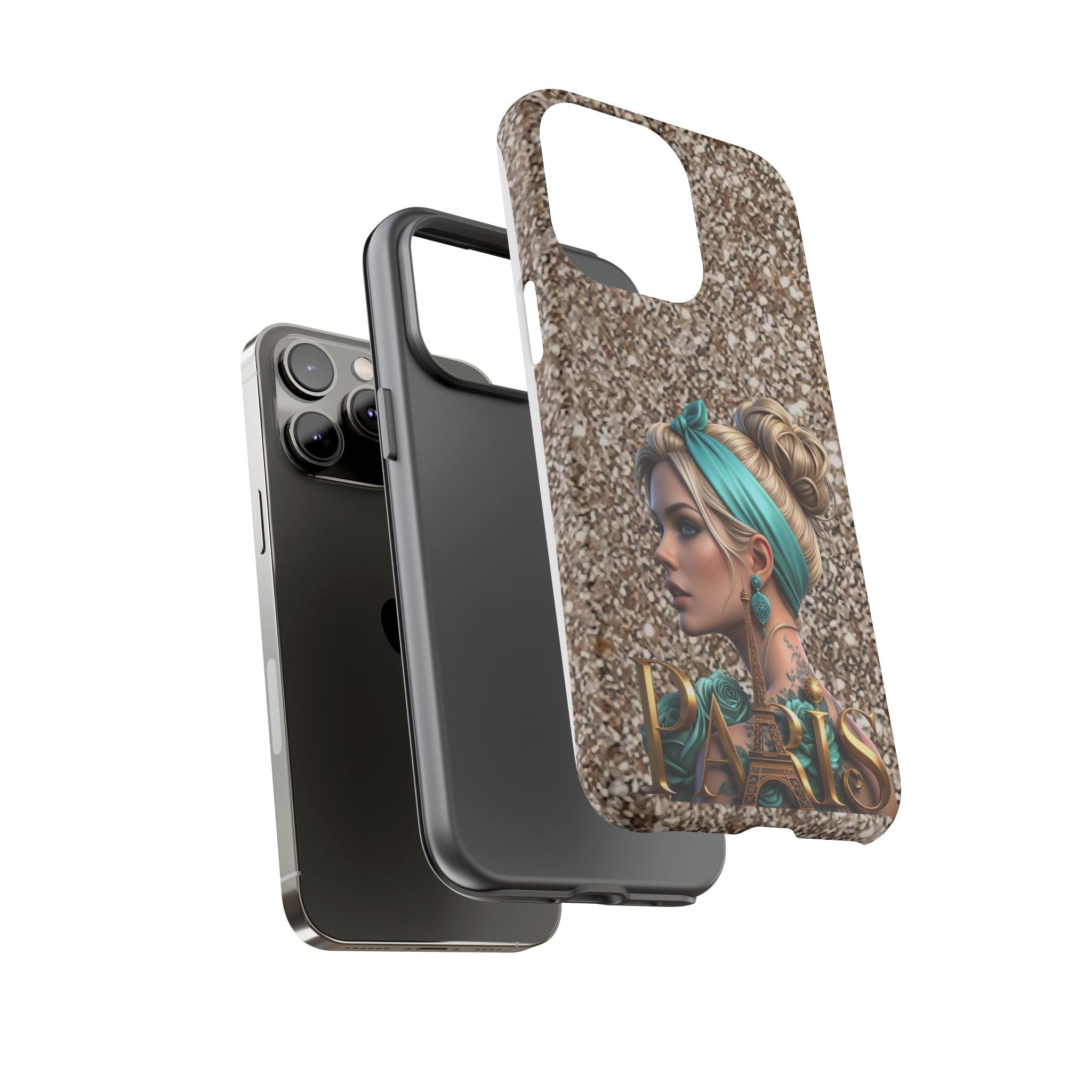 Parisian Glam Phone Case — Retro Pin-Up Girl with Teal Headscarf on Glitter Background Printify