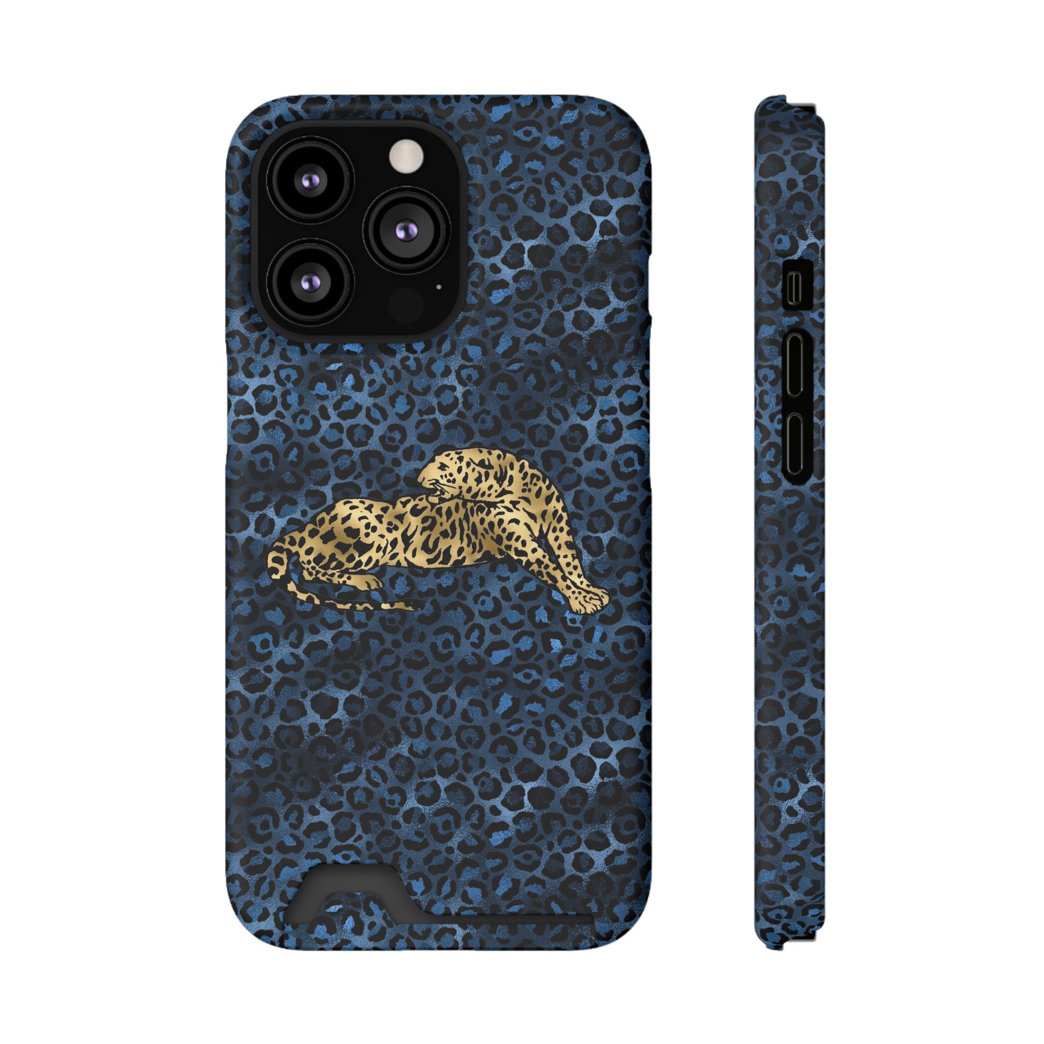 Blue Leopard Phone Case with Card Holder — Gold Cheetah Accent Printify