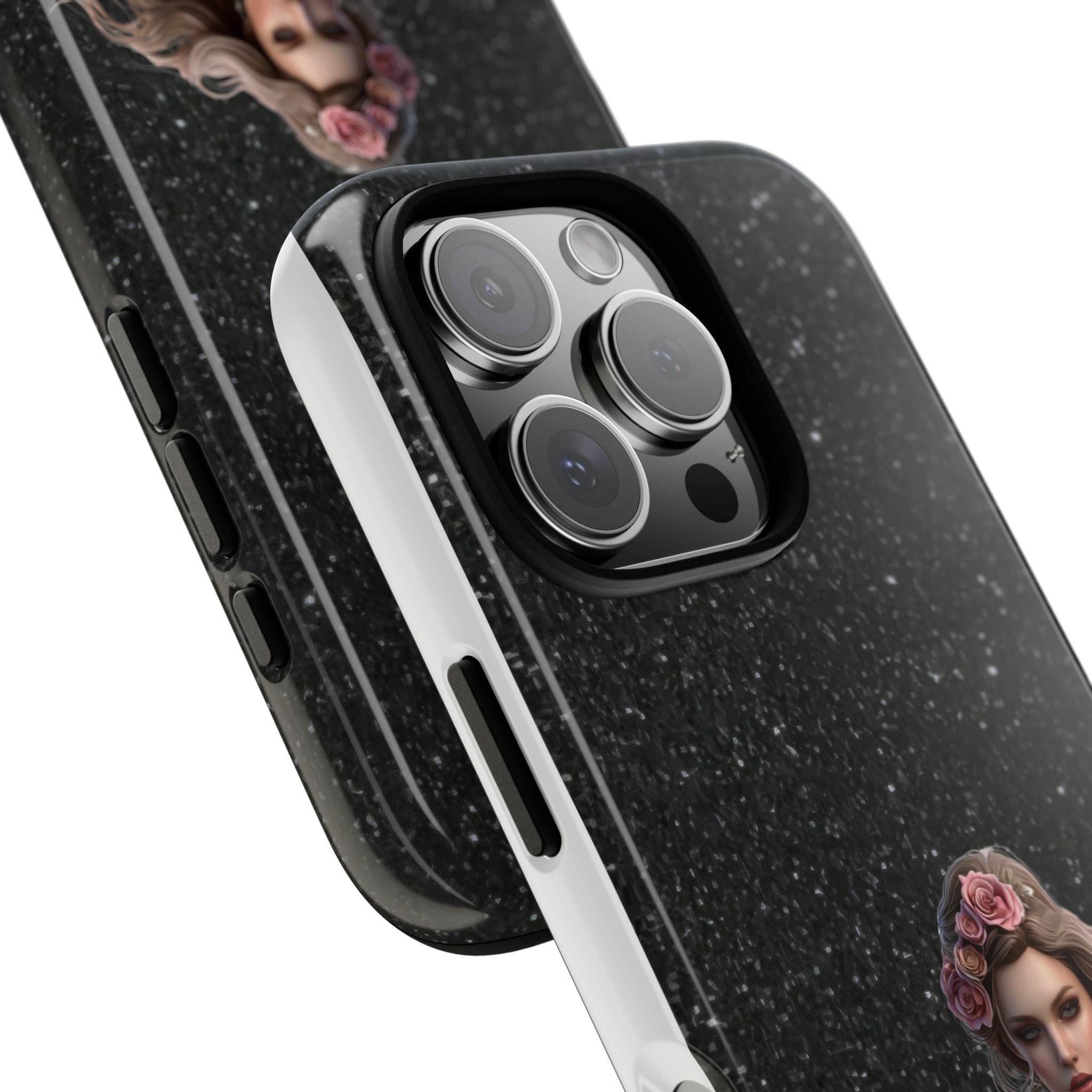 Floral Gothic Phone Case — Rose Crowned Woman on Sparkle Black Printify