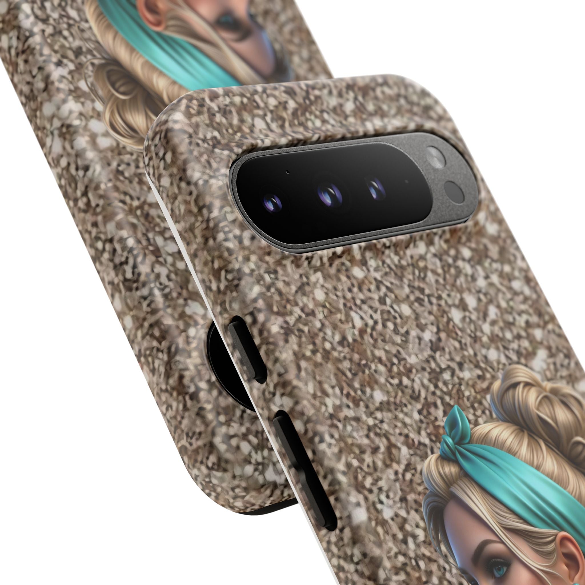 Parisian Glam Phone Case — Retro Pin-Up Girl with Teal Headscarf on Glitter Background Printify