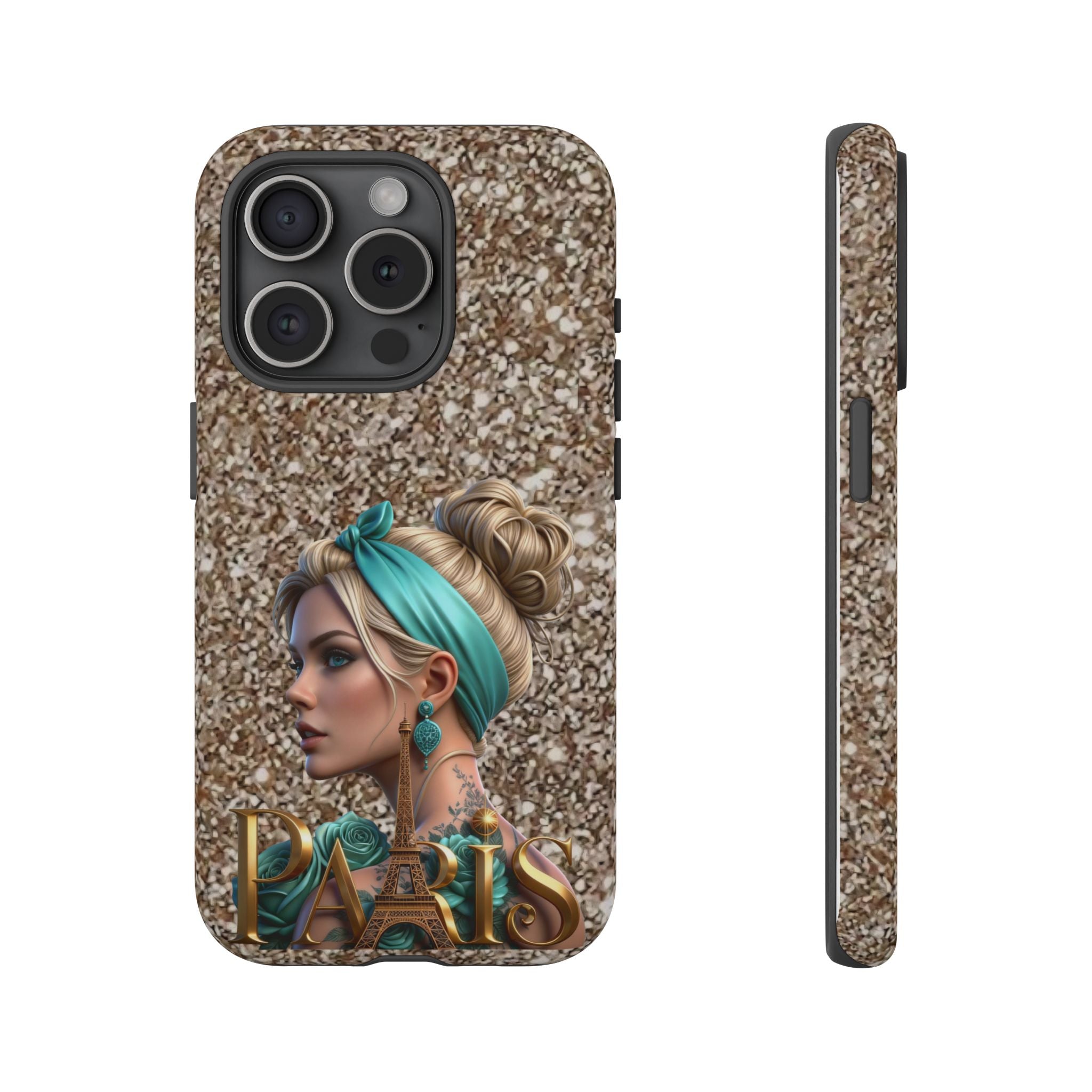 Parisian Glam Phone Case — Retro Pin-Up Girl with Teal Headscarf on Glitter Background Printify