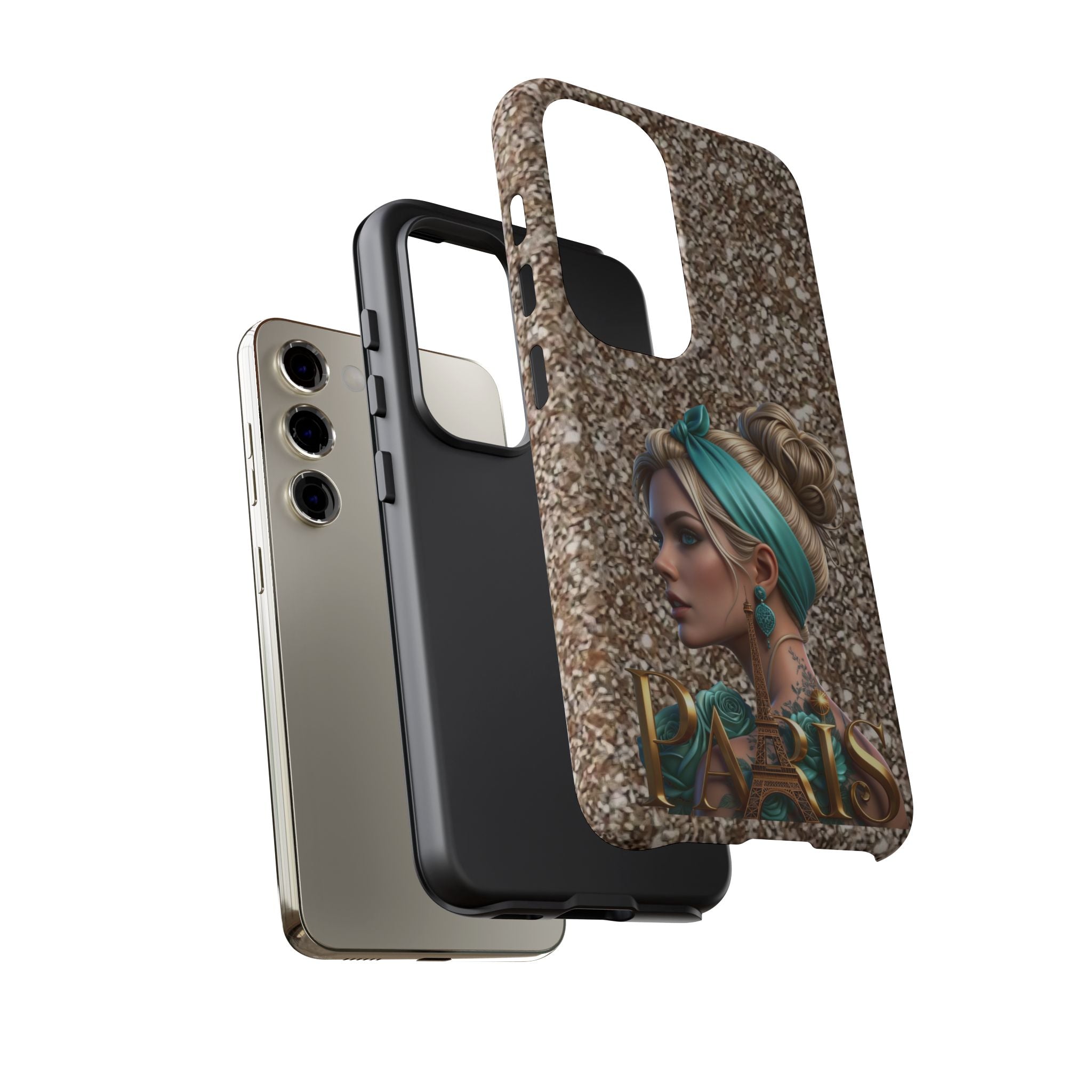 Parisian Glam Phone Case — Retro Pin-Up Girl with Teal Headscarf on Glitter Background Printify