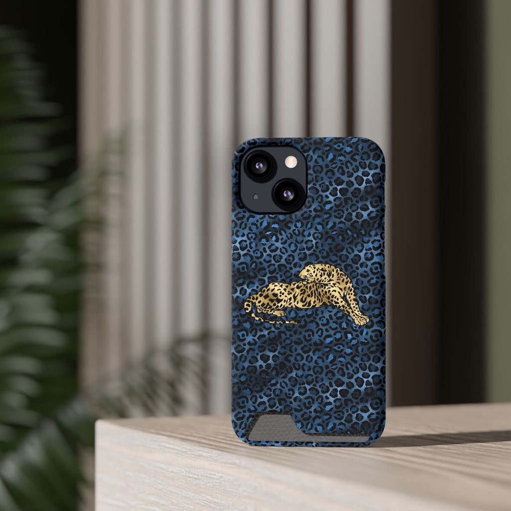 Blue Leopard Phone Case with Card Holder — Gold Cheetah Accent Printify
