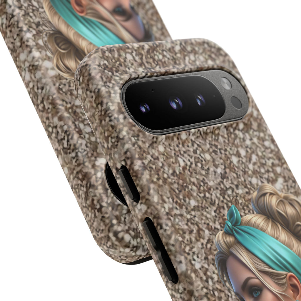 Parisian Glam Phone Case — Retro Pin-Up Girl with Teal Headscarf on Glitter Background Printify