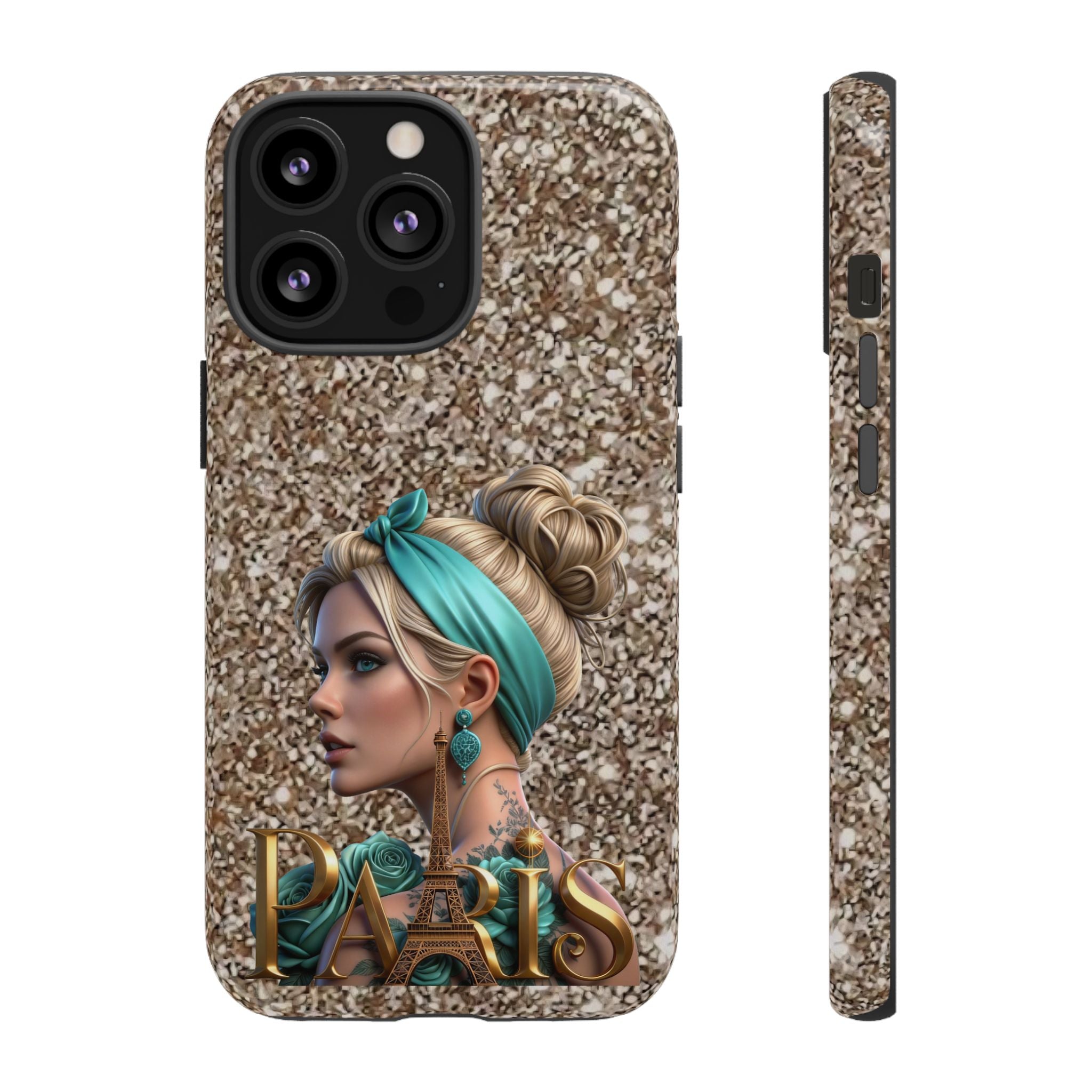 Parisian Glam Phone Case — Retro Pin-Up Girl with Teal Headscarf on Glitter Background Printify