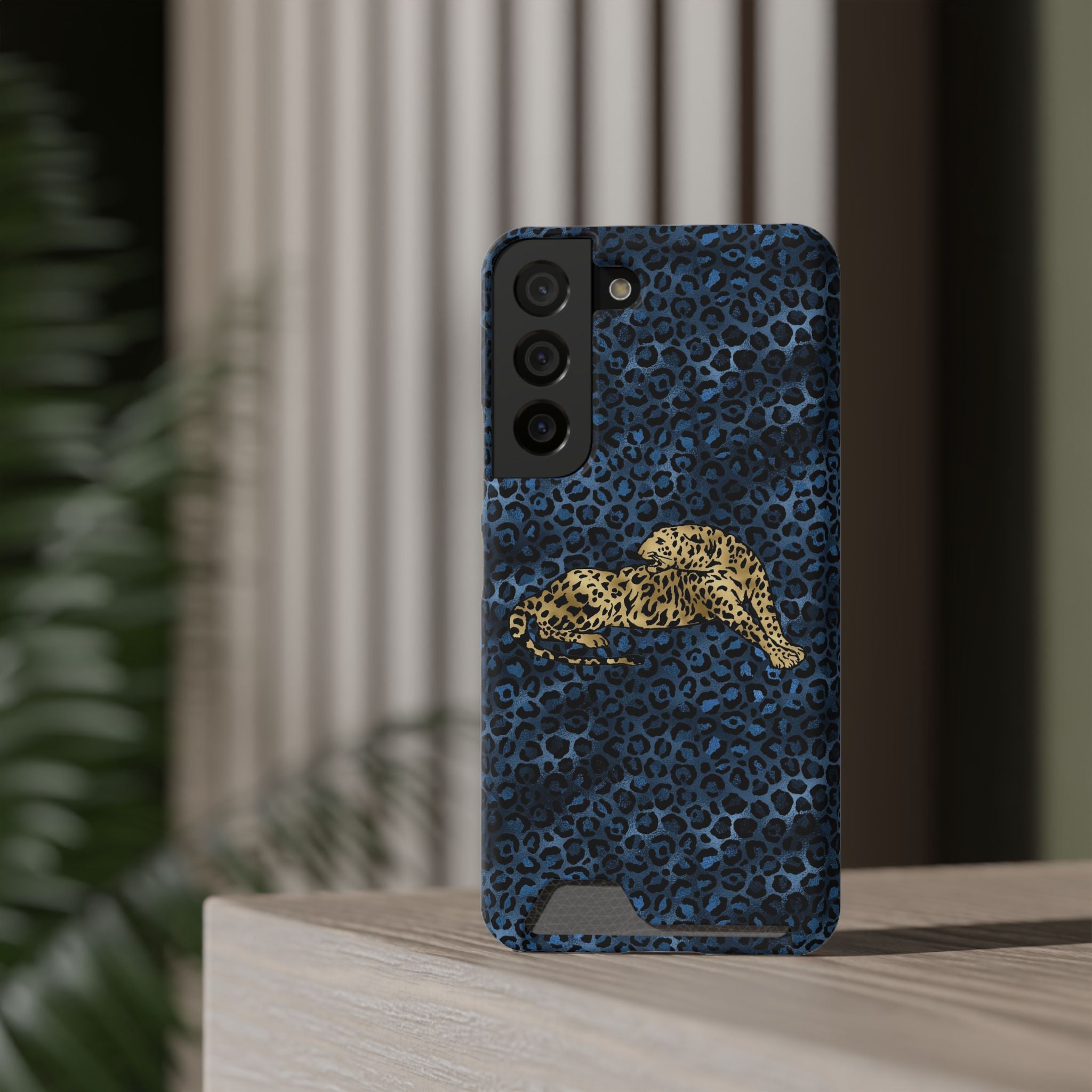 Blue Leopard Phone Case with Card Holder — Gold Cheetah Accent Printify