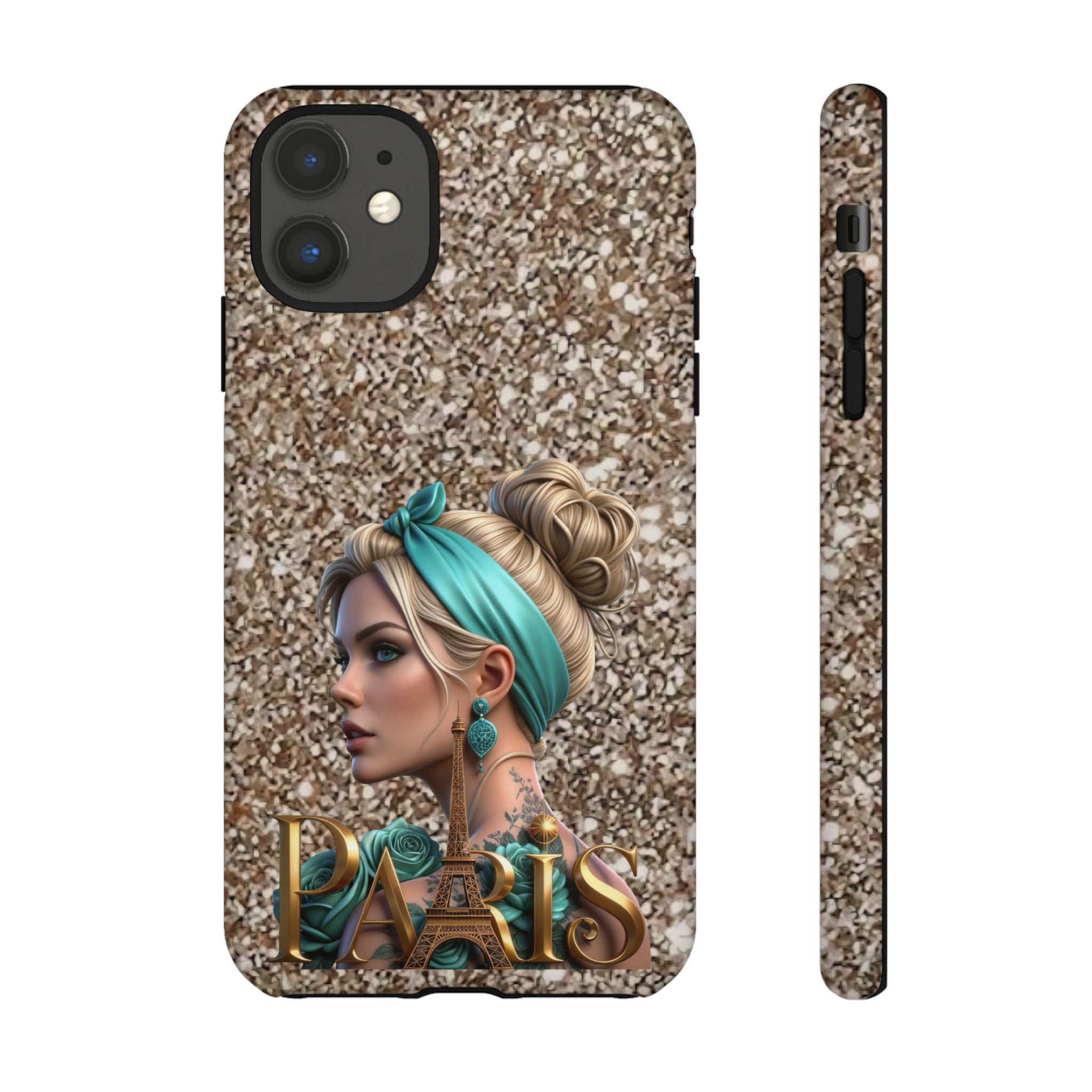 Parisian Glam Phone Case — Retro Pin-Up Girl with Teal Headscarf on Glitter Background Printify