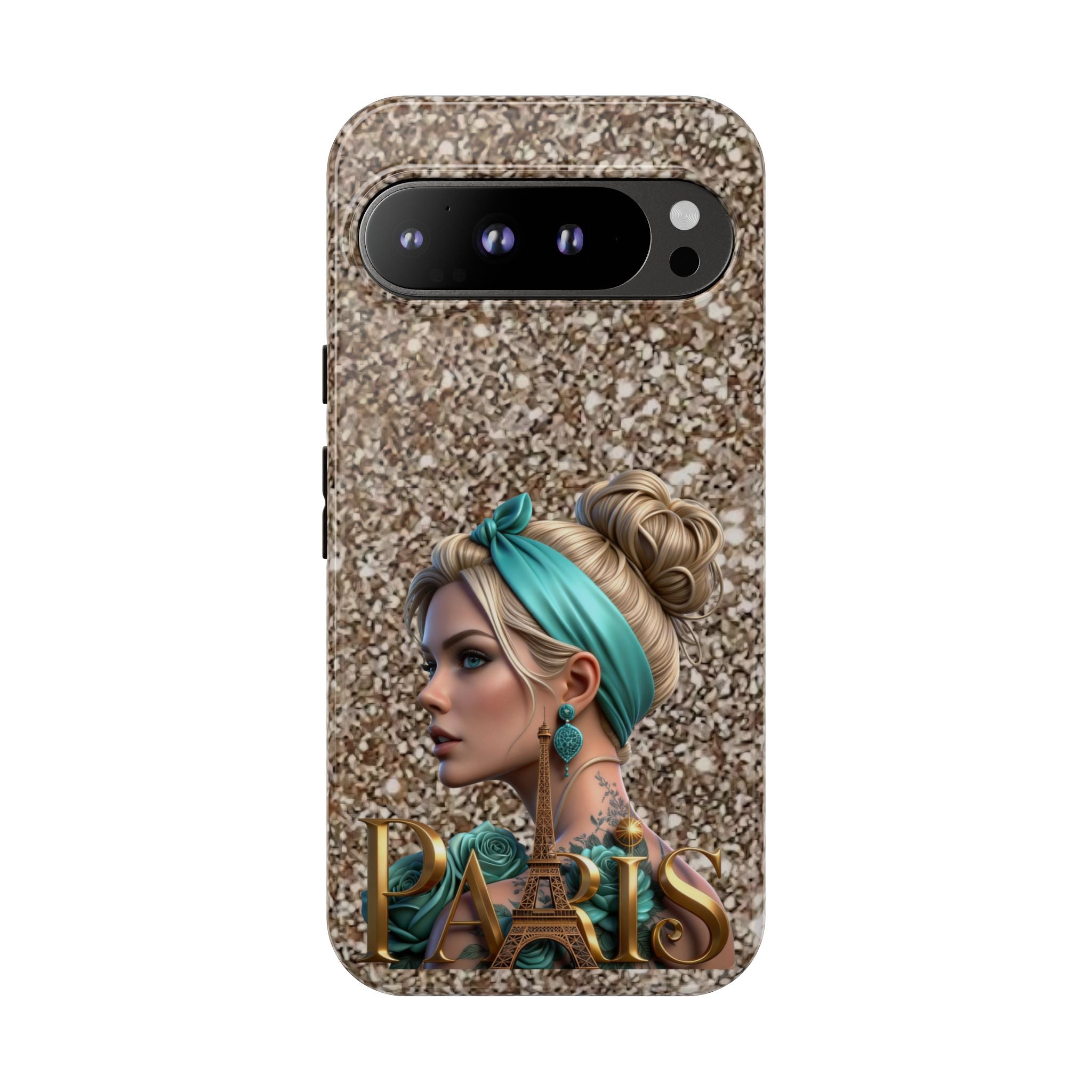 Parisian Glam Phone Case — Retro Pin-Up Girl with Teal Headscarf on Glitter Background Printify
