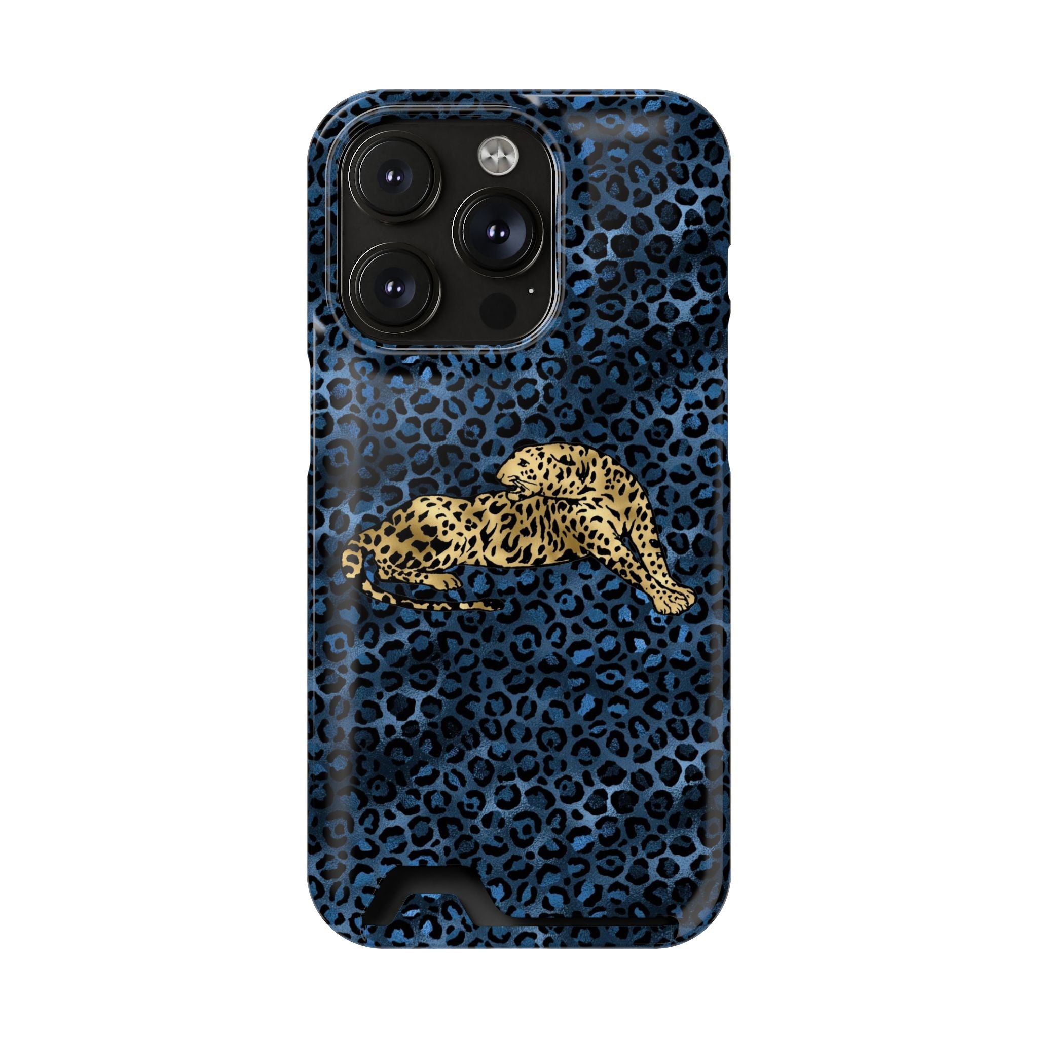 Blue Leopard Phone Case with Card Holder — Gold Cheetah Accent Printify